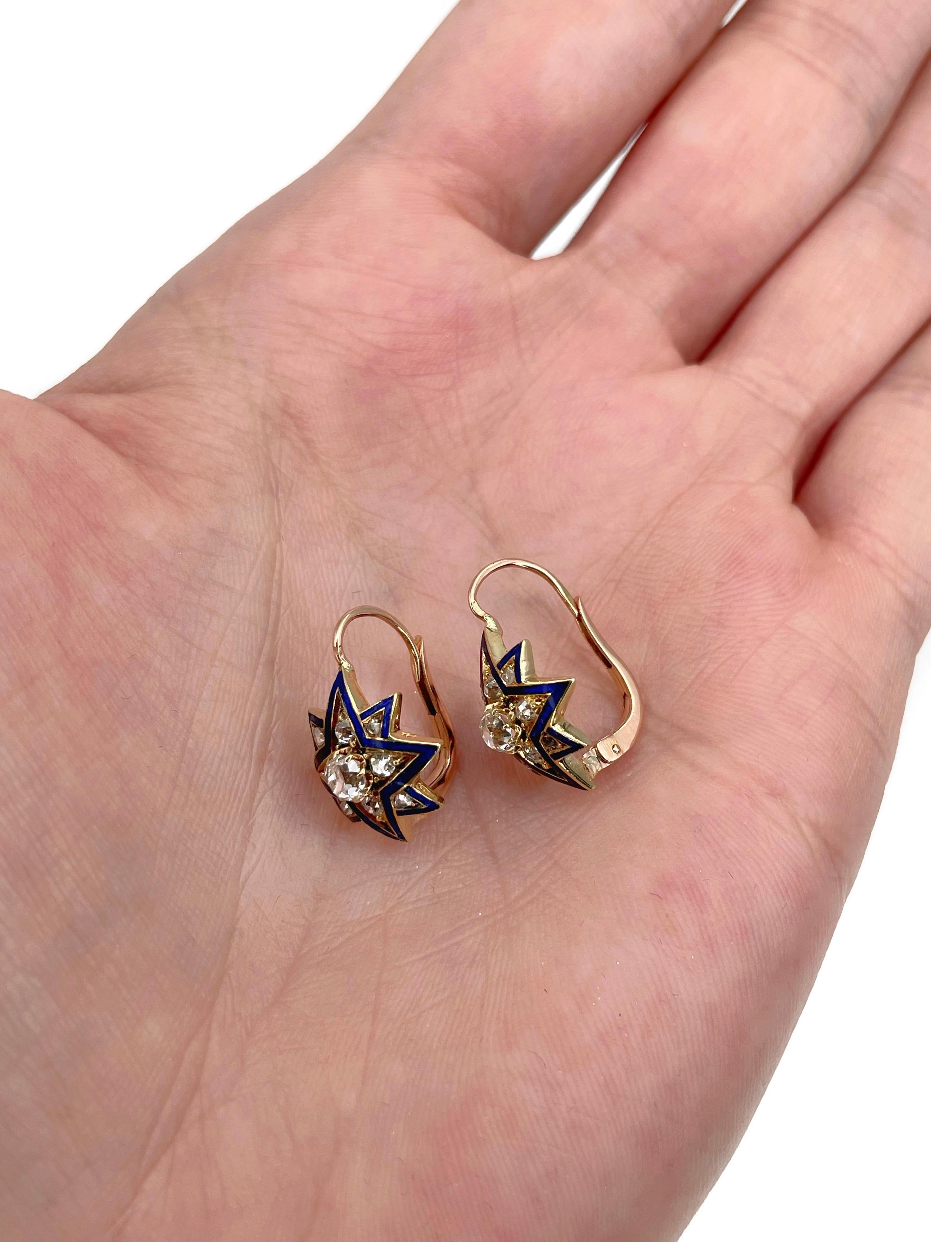 Victorien Boucles d'oreilles victoriennes en or 18 carats, diamant taille ancienne, émail bleu et étoile en vente