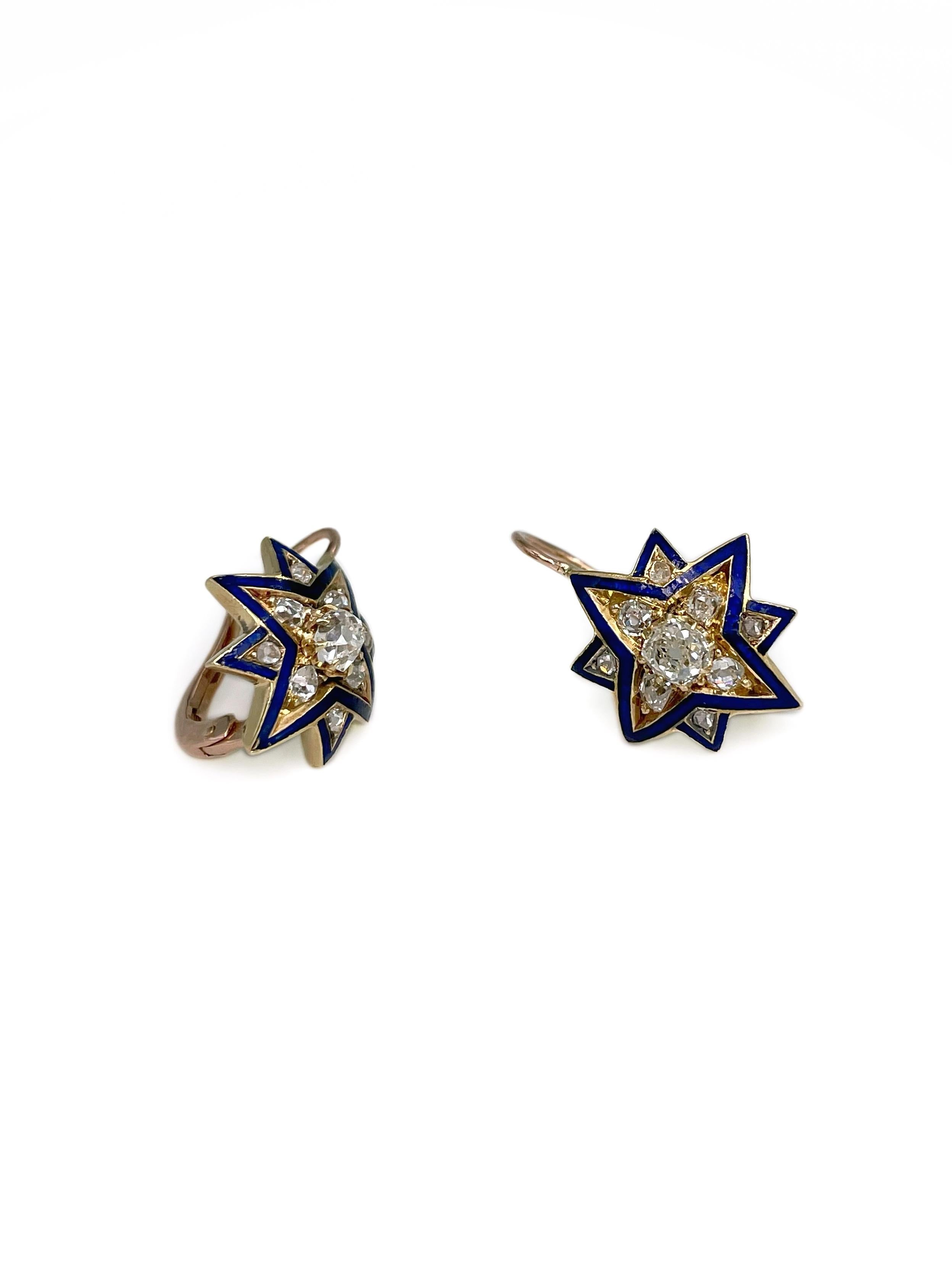 Taille mixte Boucles d'oreilles victoriennes en or 18 carats, diamant taille ancienne, émail bleu et étoile en vente