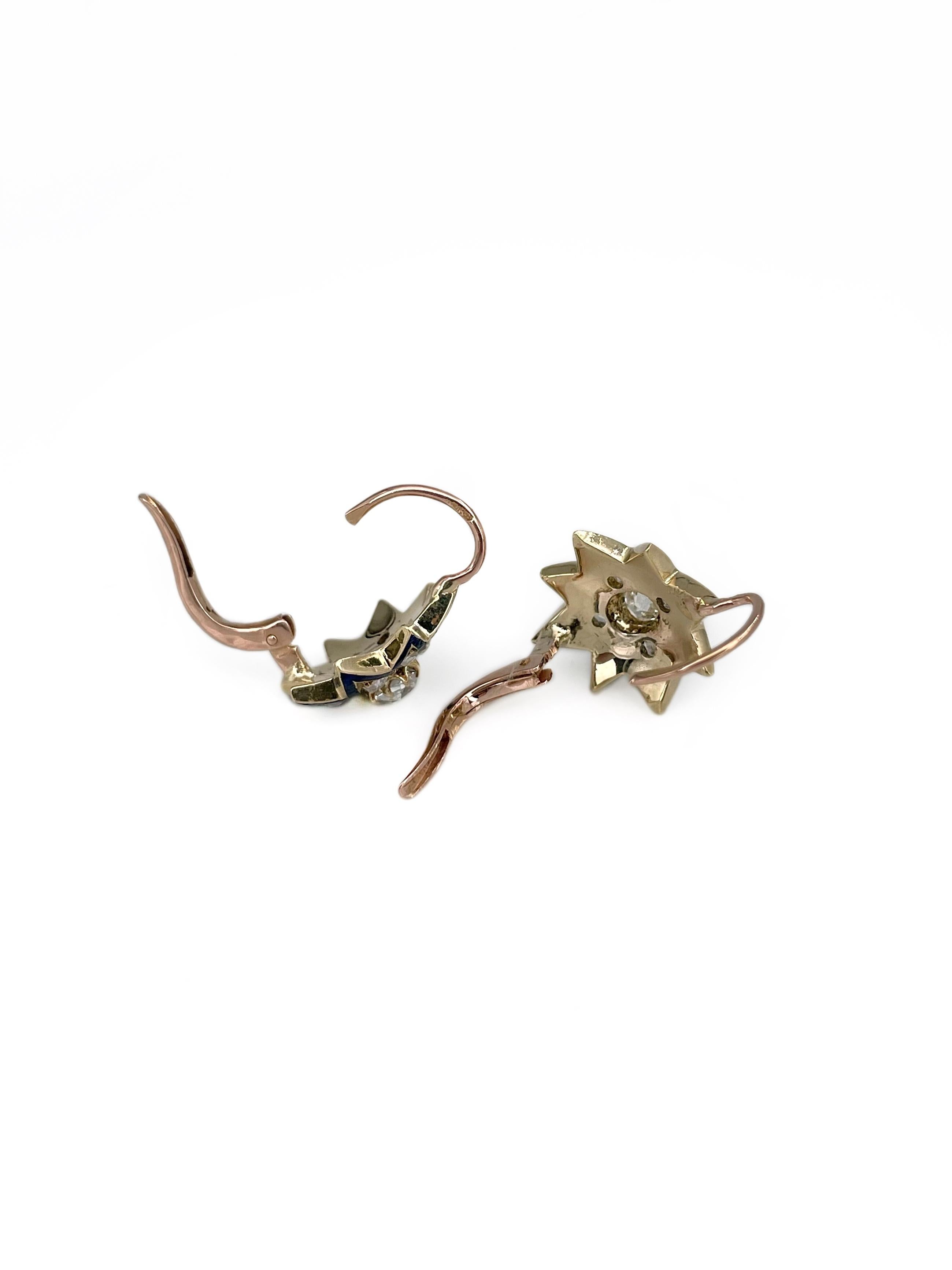 Boucles d'oreilles victoriennes en or 18 carats, diamant taille ancienne, émail bleu et étoile Bon état - En vente à Vilnius, Vilniaus apskr.