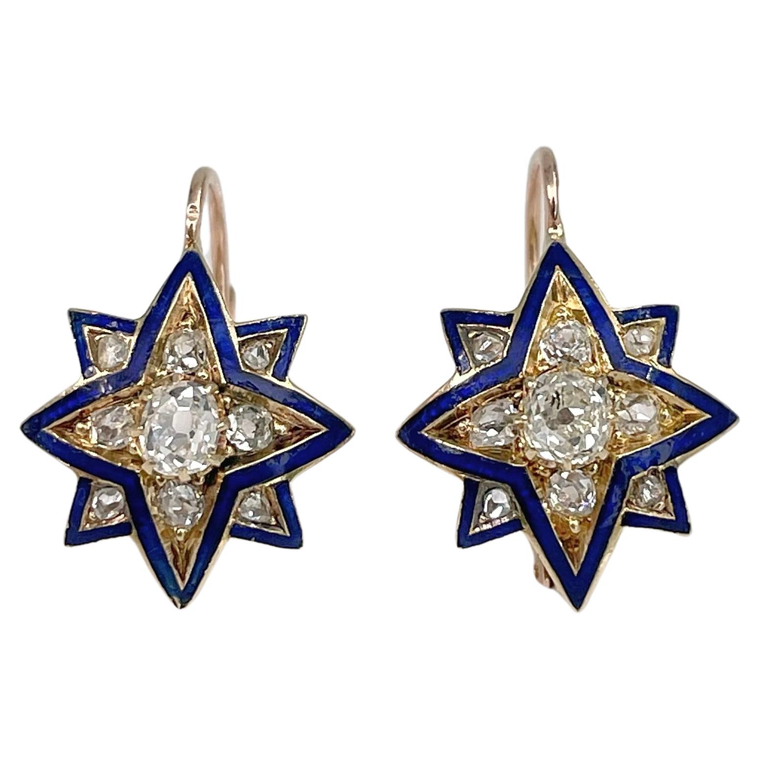 Boucles d'oreilles victoriennes en or 18 carats, diamant taille ancienne, émail bleu et étoile en vente