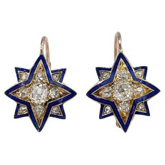 Antique Victorian 18 Karat Gold Old Cut Diamond Blue Enamel Star Lever-Back Earrings