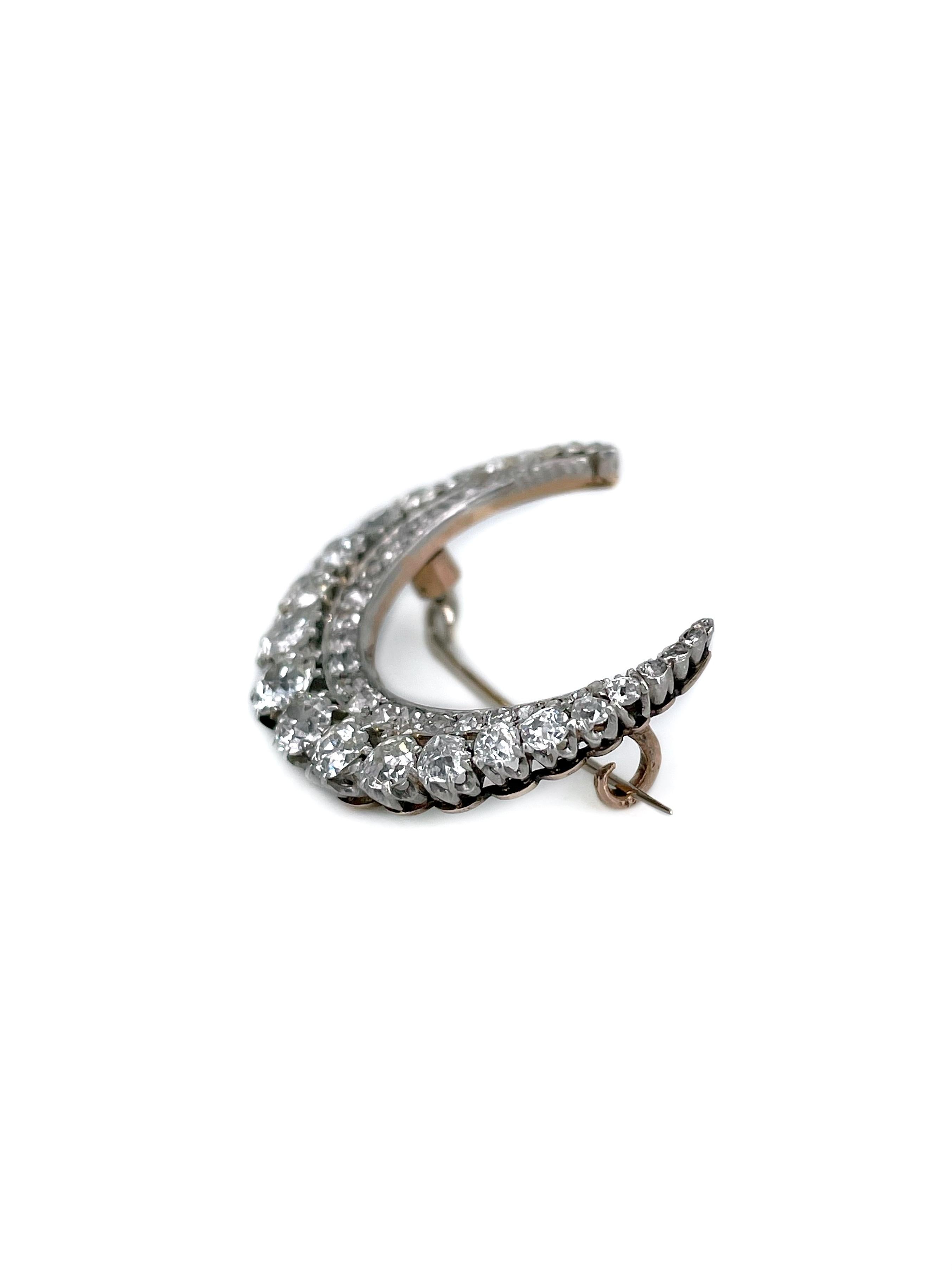 Mixed Cut Victorian 18 Karat Gold 2.10 Carat Old Cut Diamond Crescent Moon Pin Brooch For Sale