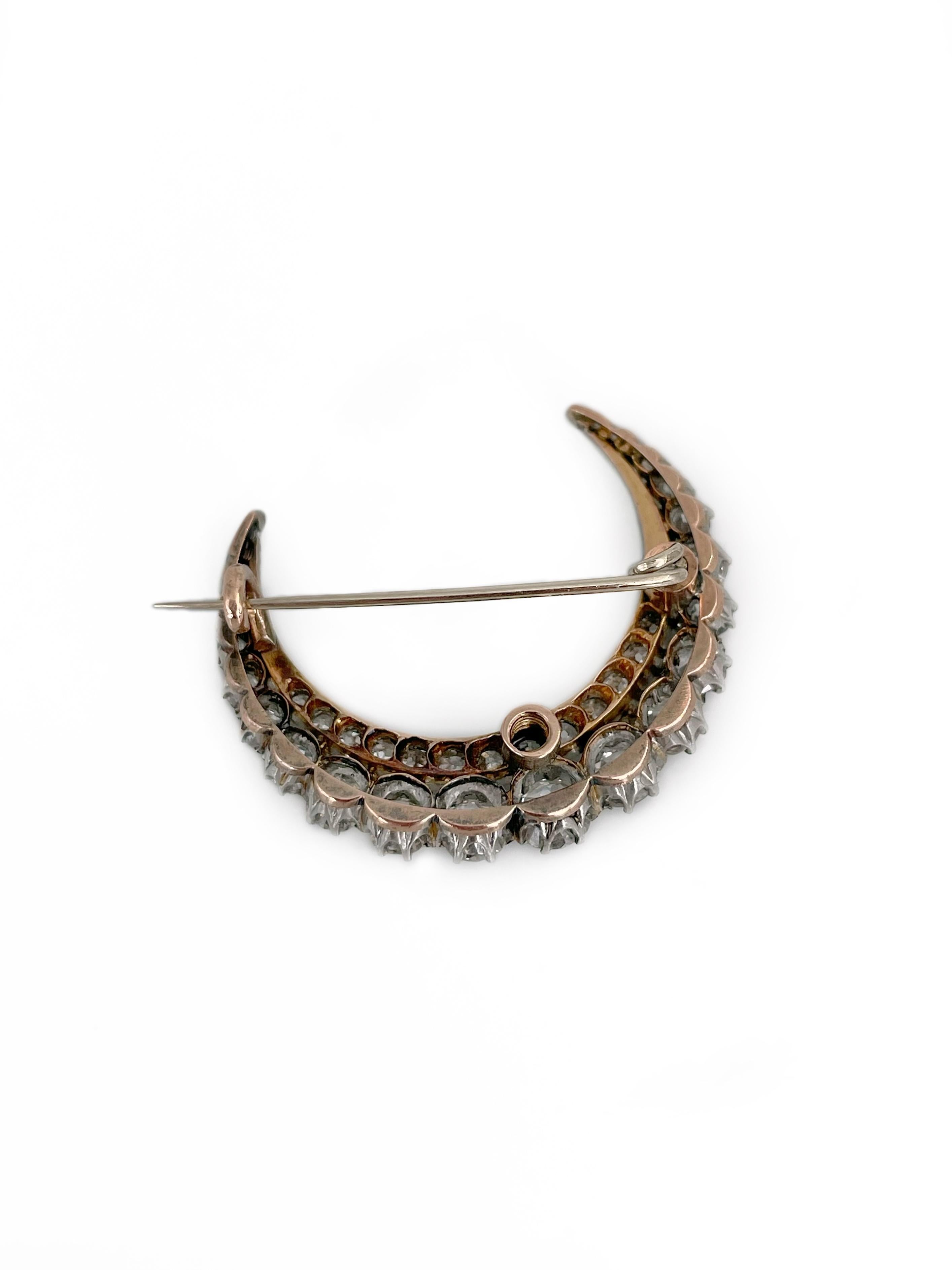 Victorian 18 Karat Gold 2.10 Carat Old Cut Diamond Crescent Moon Pin Brooch In Good Condition For Sale In Vilnius, Vilniaus apskr.