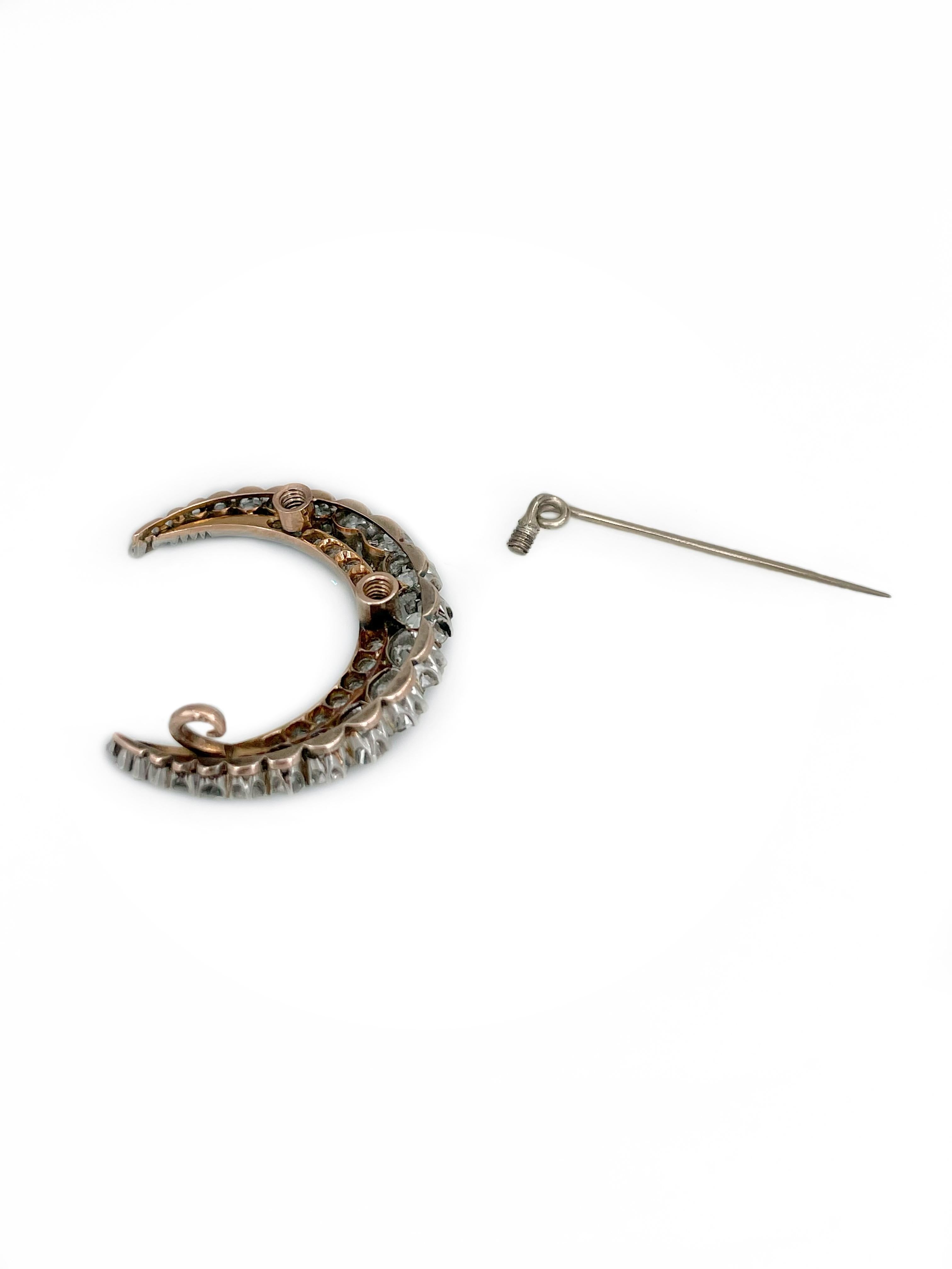 Women's or Men's Victorian 18 Karat Gold 2.10 Carat Old Cut Diamond Crescent Moon Pin Brooch For Sale