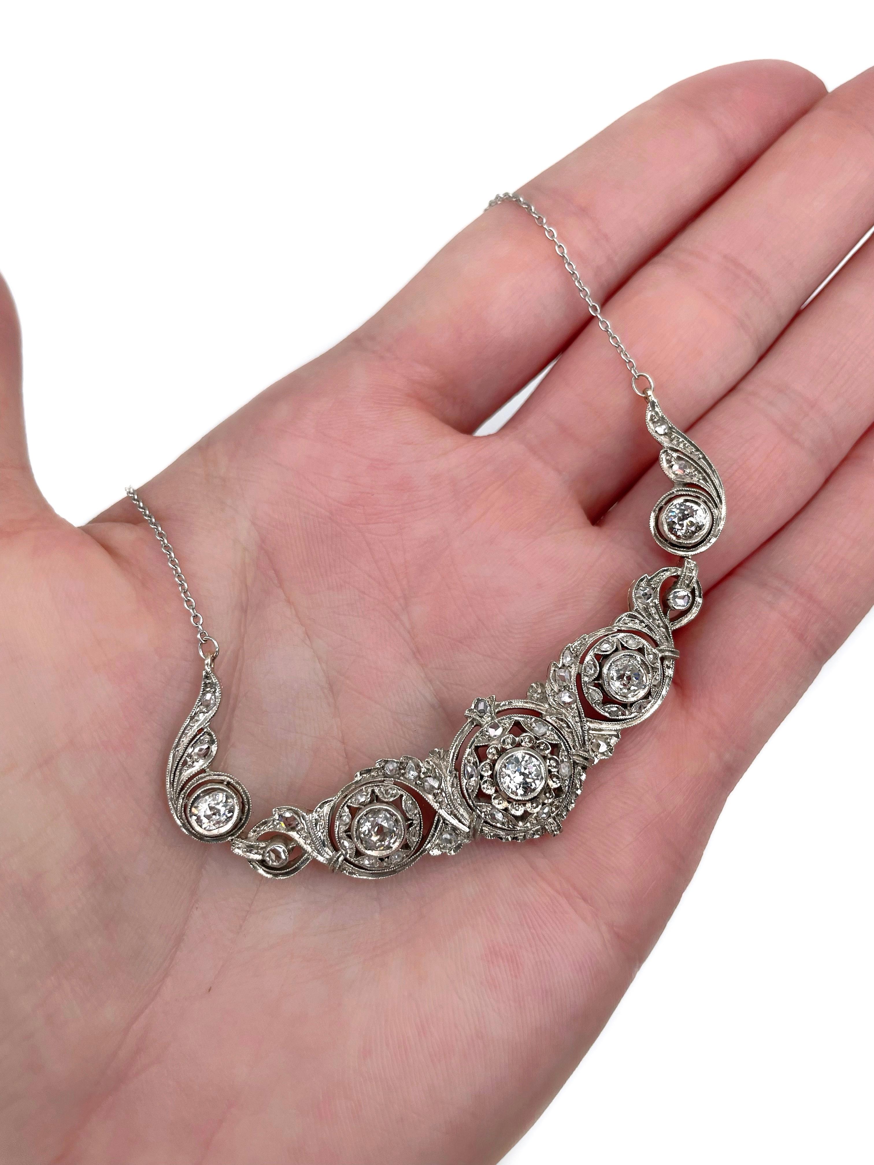 Mixed Cut Victorian 14 Karat Gold Silver Old Cut Diamond Floral Motif Collier Necklace
