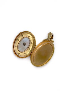 Victorian 18 Karat Gold Old Cut Diamond Seed Pearl Enamel Oval Locket Pendant