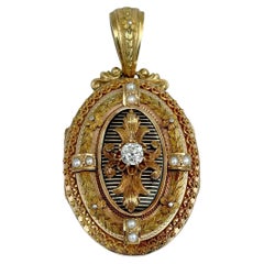 Antique Victorian 18 Karat Gold Old Cut Diamond Seed Pearl Enamel Oval Locket Pendant