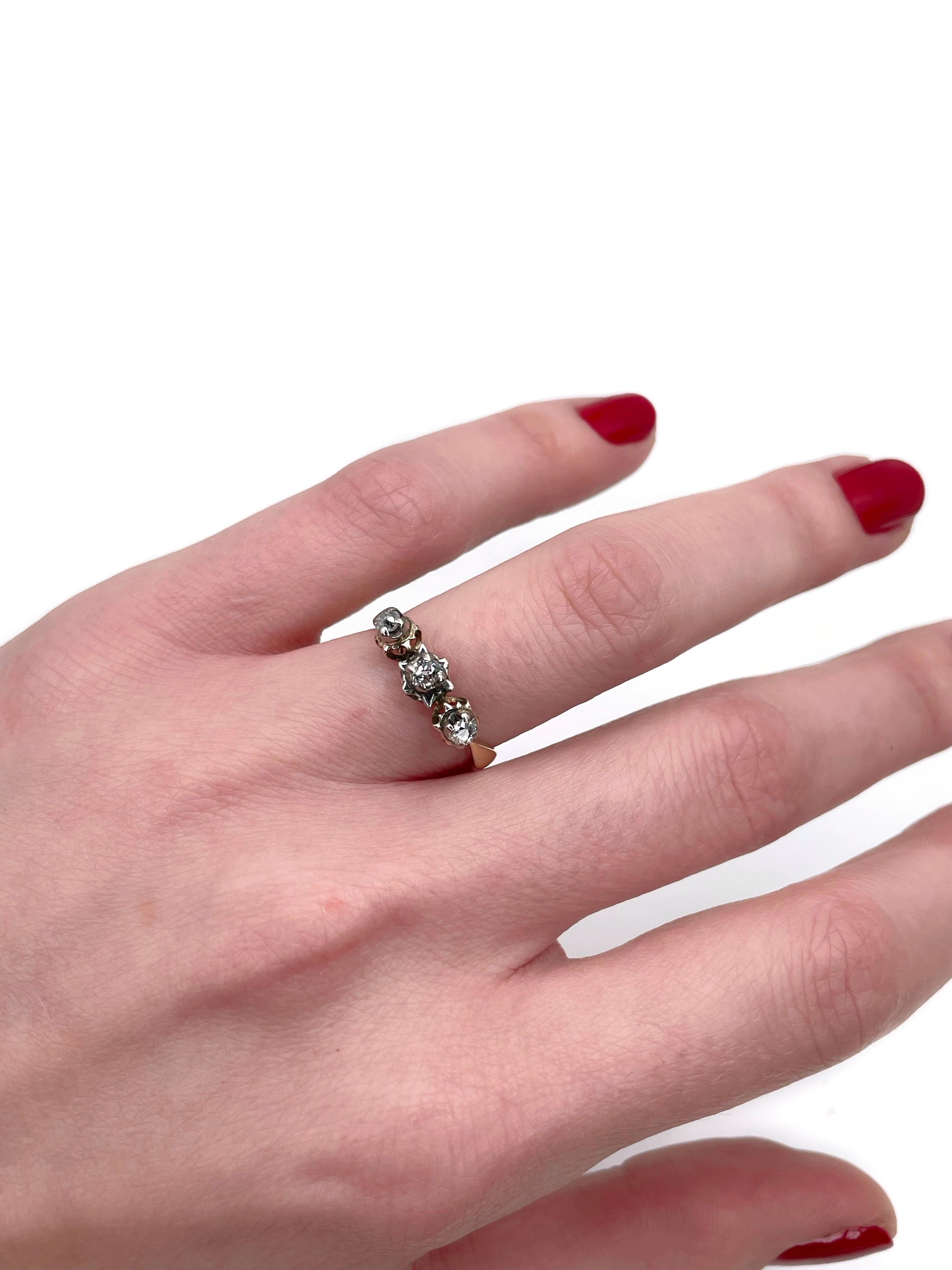 This is a Victorian three-stone ring crafted in 14K gold. Circa 1890. 

The piece features 3 old mine cut diamonds: TW 0.21ct, RW-W, SI-P1.

Weight: 2.86g 
Size: 16.25 (US 5.5)

IMPORTANT: please ask about the possibility to resize before purchase.