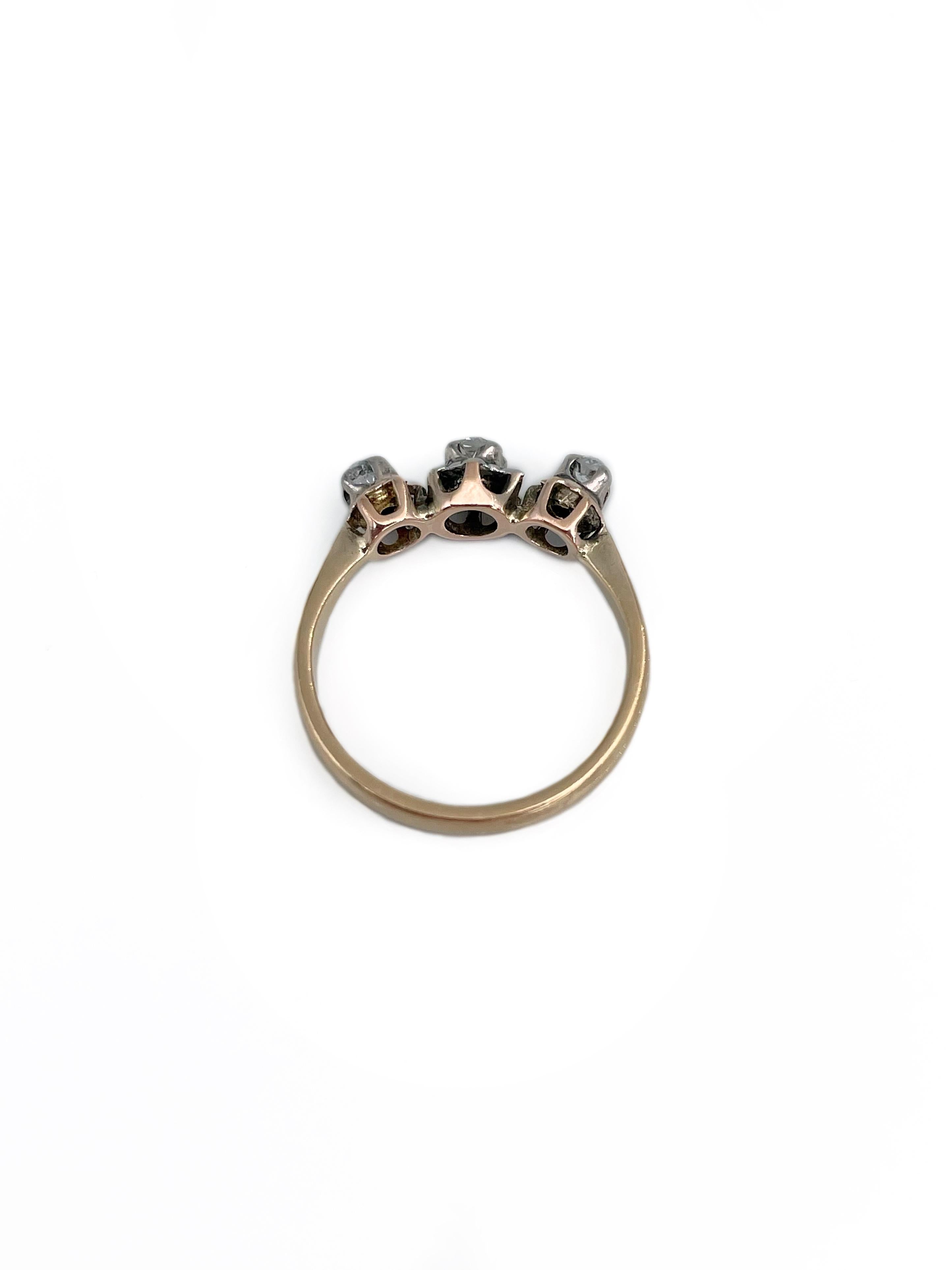 Victorian 14 Karat Gold 0.21 Carat Old Mine Cut Diamond Three-Stone Ring 1