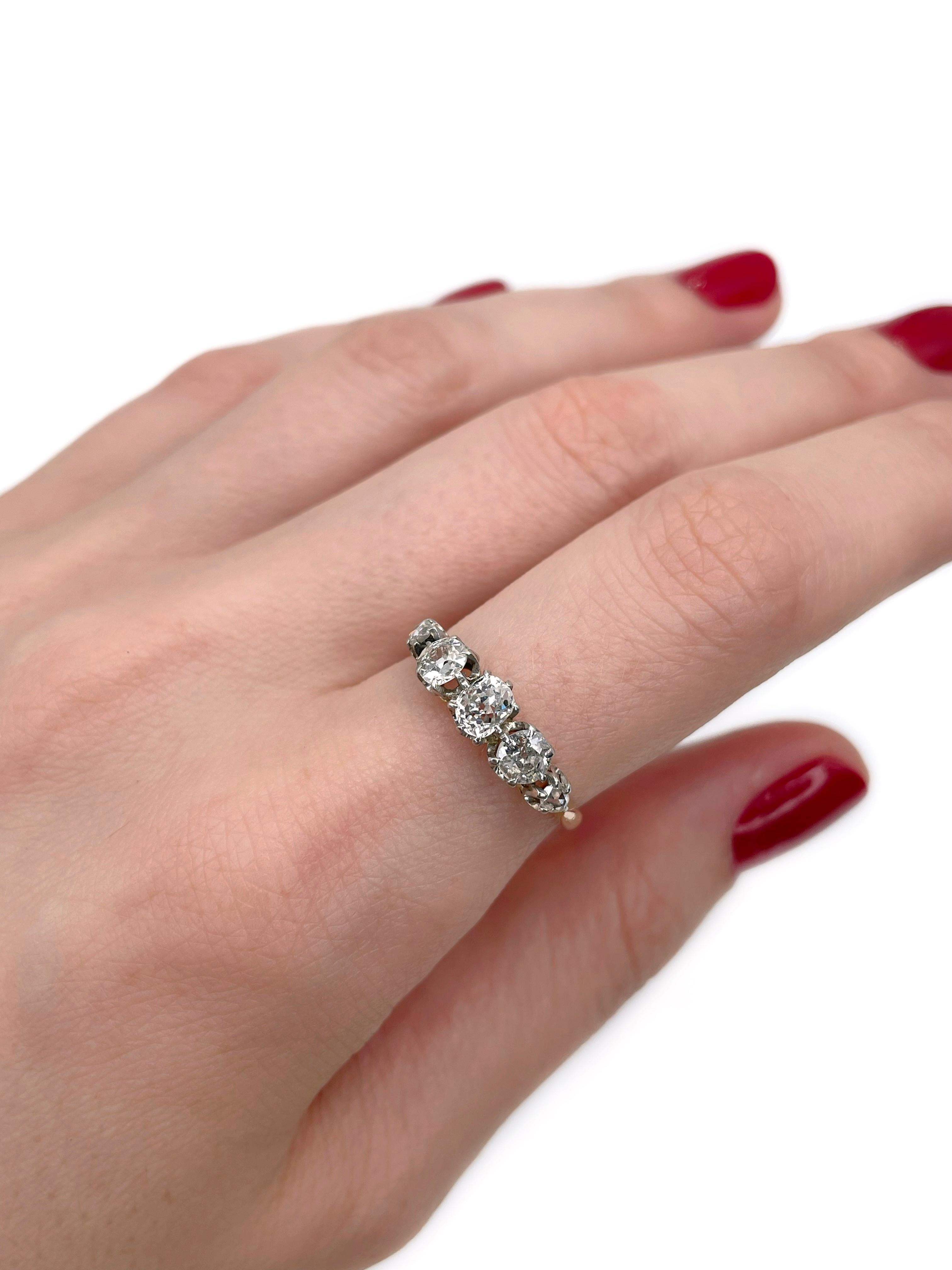 This is a Victorian five-stone ring crafted in 18K gold. The piece features 3 old mine cut and 2 rose cut diamonds. Circa 1890. 

Weight: 2.57g
Size: 17.75 (US 7.5)

IMPORTANT: please ask about the possibility to resize before purchase. This process