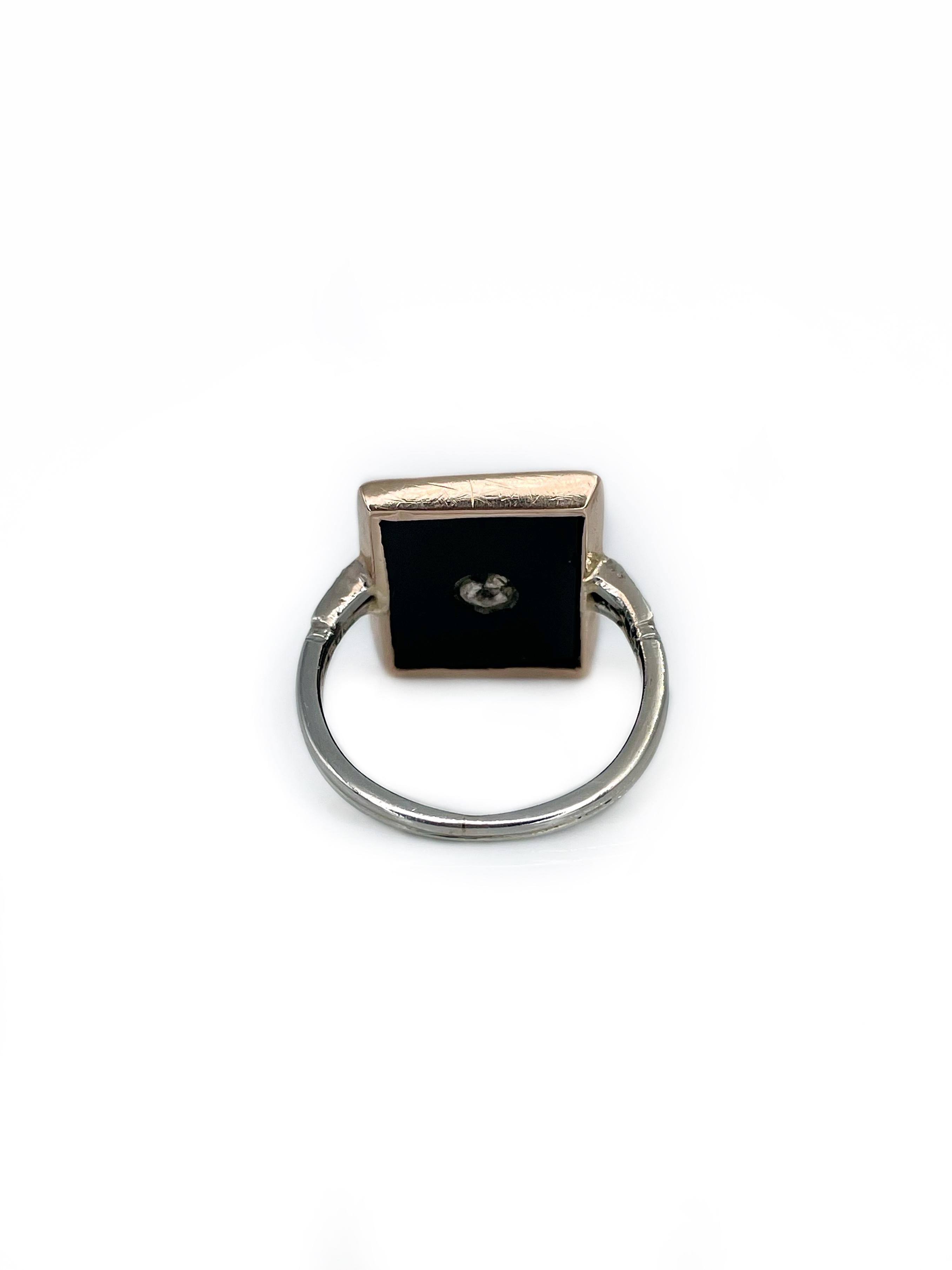 Women's or Men's Victorian 18 Karat Gold Onyx Rose Cut Diamond Rectangle Signet Ring For Sale
