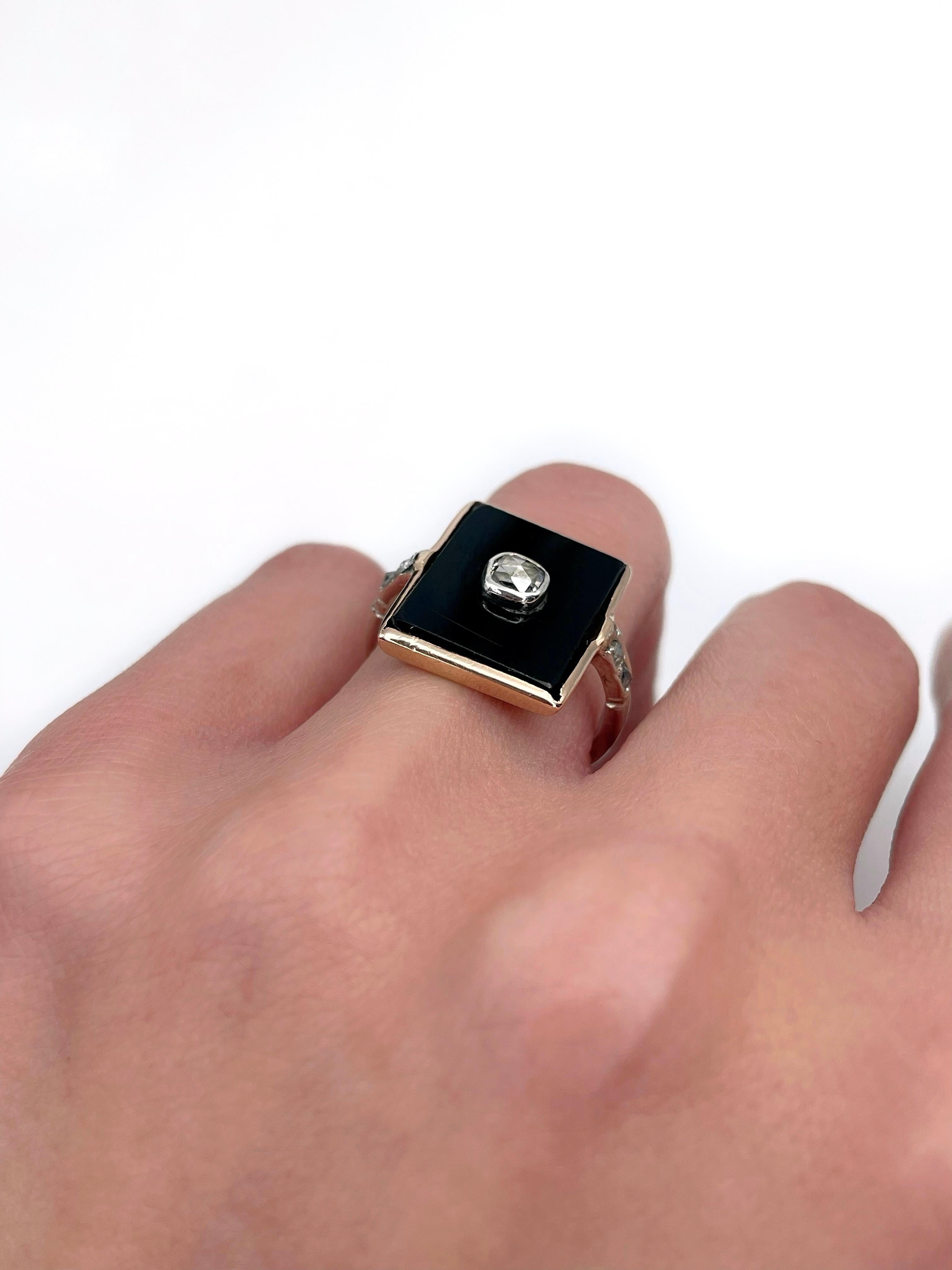 Victorian 18 Karat Gold Onyx Rose Cut Diamond Rectangle Signet Ring For Sale 2