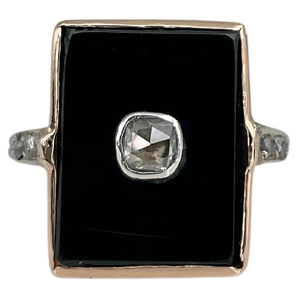 Victorian 18 Karat Gold Onyx Rose Cut Diamond Rectangle Signet Ring