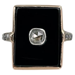 Antique Victorian 18 Karat Gold Onyx Rose Cut Diamond Rectangle Signet Ring