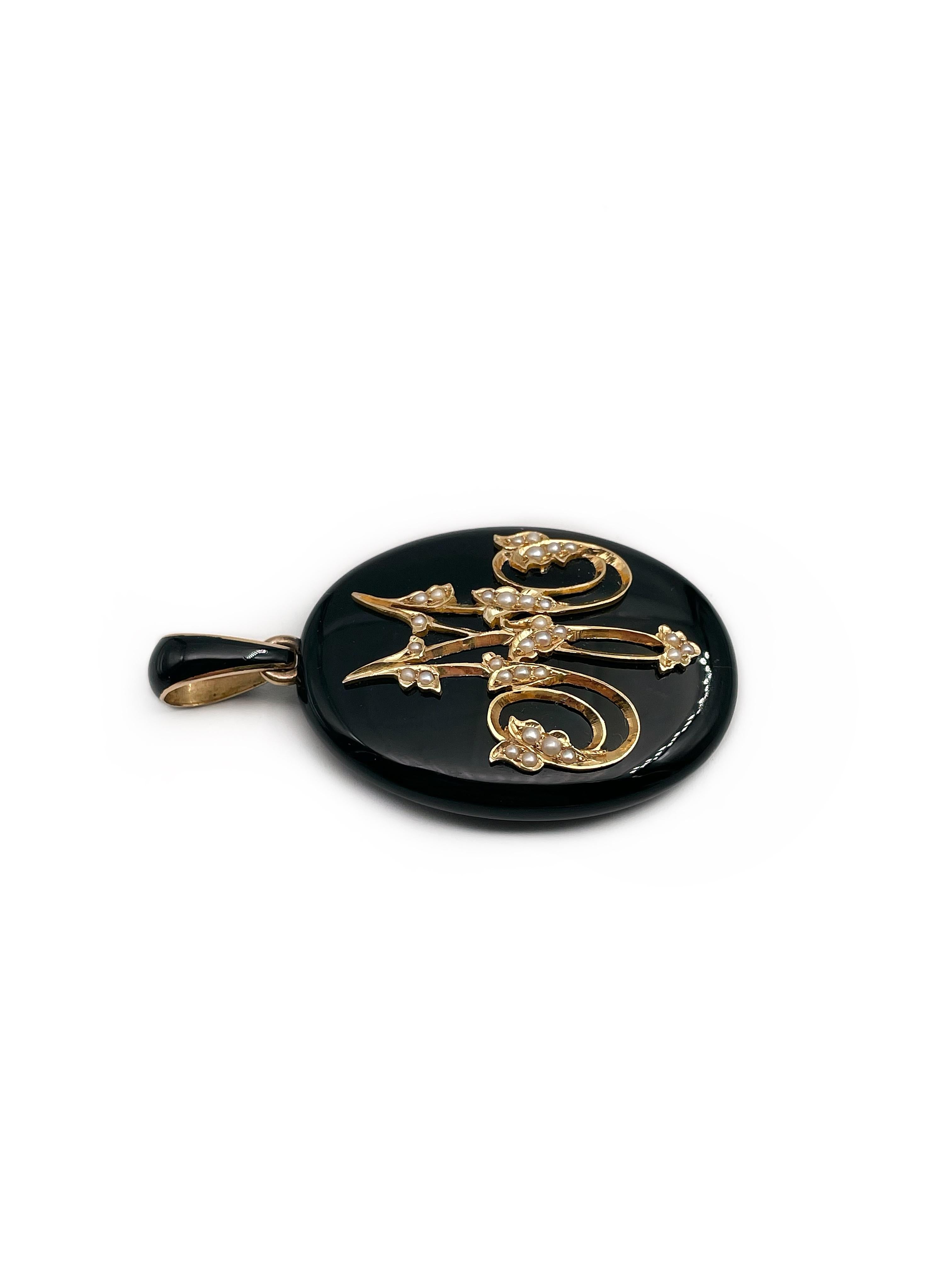 Napoleon III Victorian 18 Karat Gold Onyx Seed Pearl Letter M Oval Locket Pendant