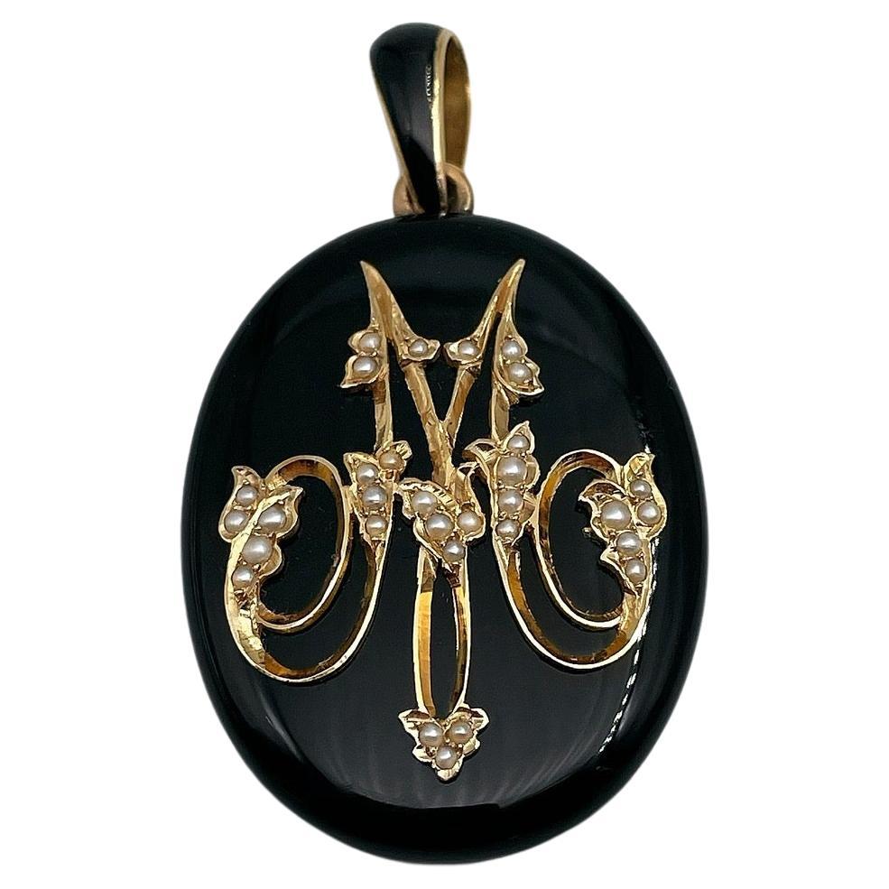 Victorian 18 Karat Gold Onyx Seed Pearl Letter M Oval Locket Pendant