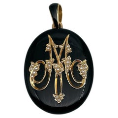 Victorian 18 Karat Gold Onyx Seed Pearl Letter M Oval Locket Pendant