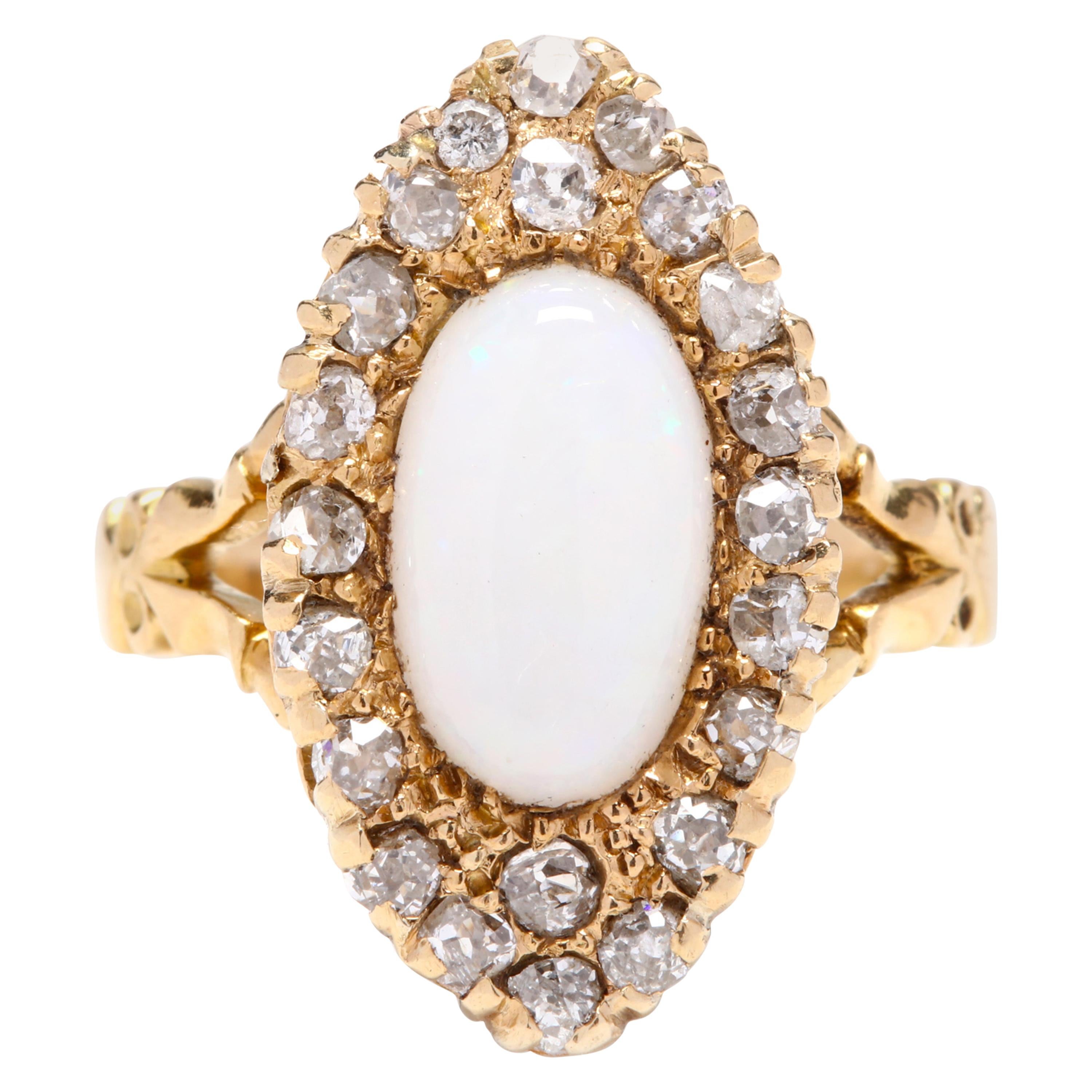 Victorian 18 Karat Gold Opal and Diamond Navette Ring