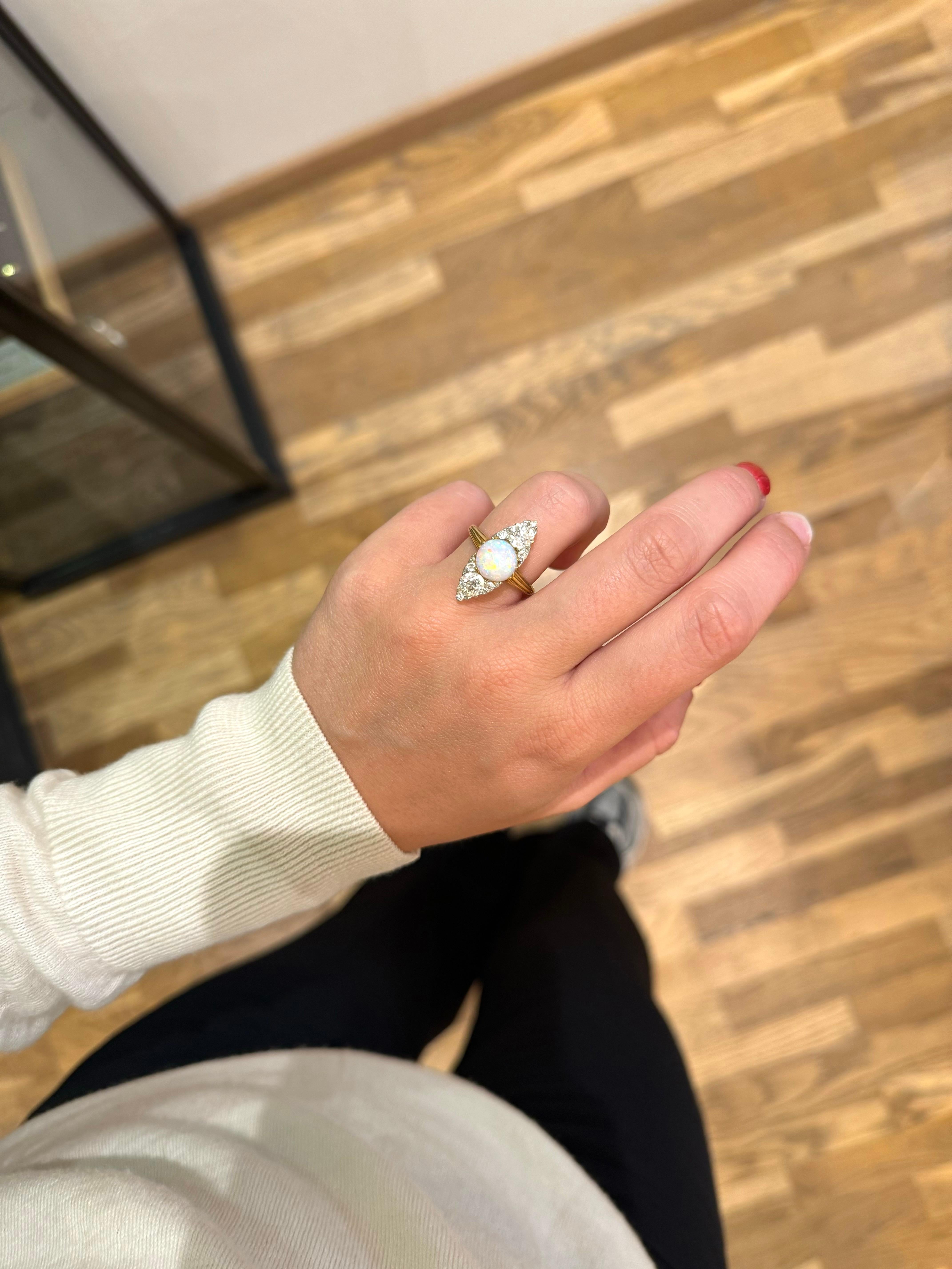 Victorian 18 Karat gold Opal and Old cut diamond Navette ring circa 1900 For Sale 5