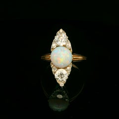 Victorian 18 Karat gold Opal and Old cut diamond Navette ring circa 1900