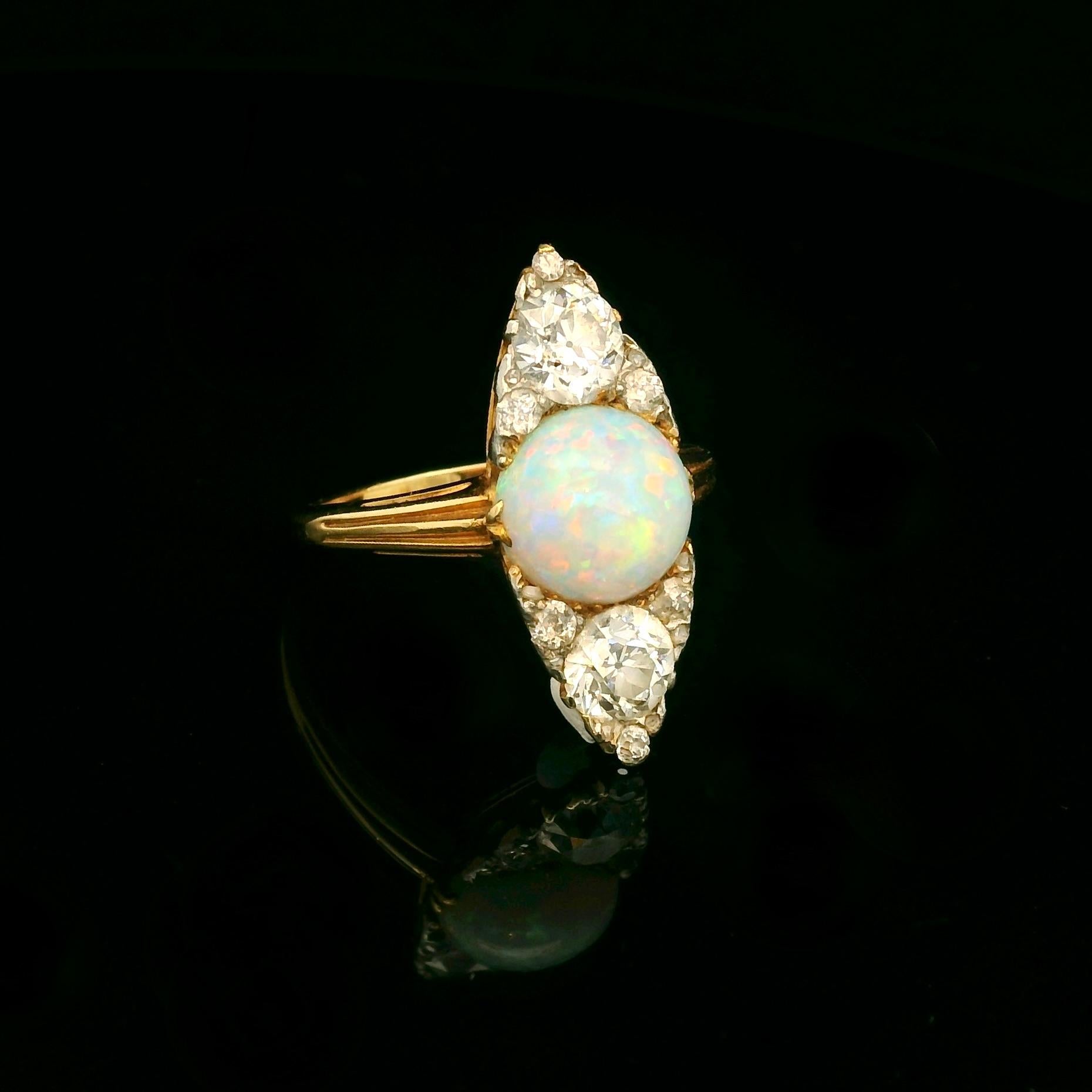 Women's or Men's Victorian 18 Karat gold Opal and Old cut diamond Navette ring circa 1900 For Sale