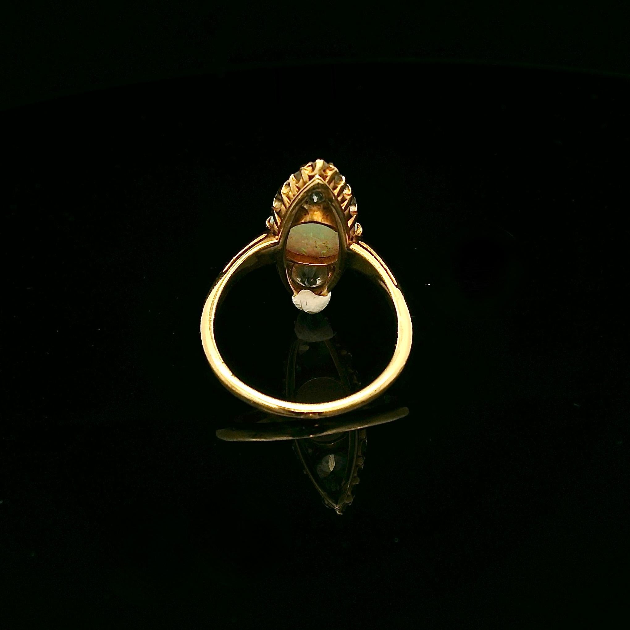 Victorian 18 Karat gold Opal and Old cut diamond Navette ring circa 1900 For Sale 1