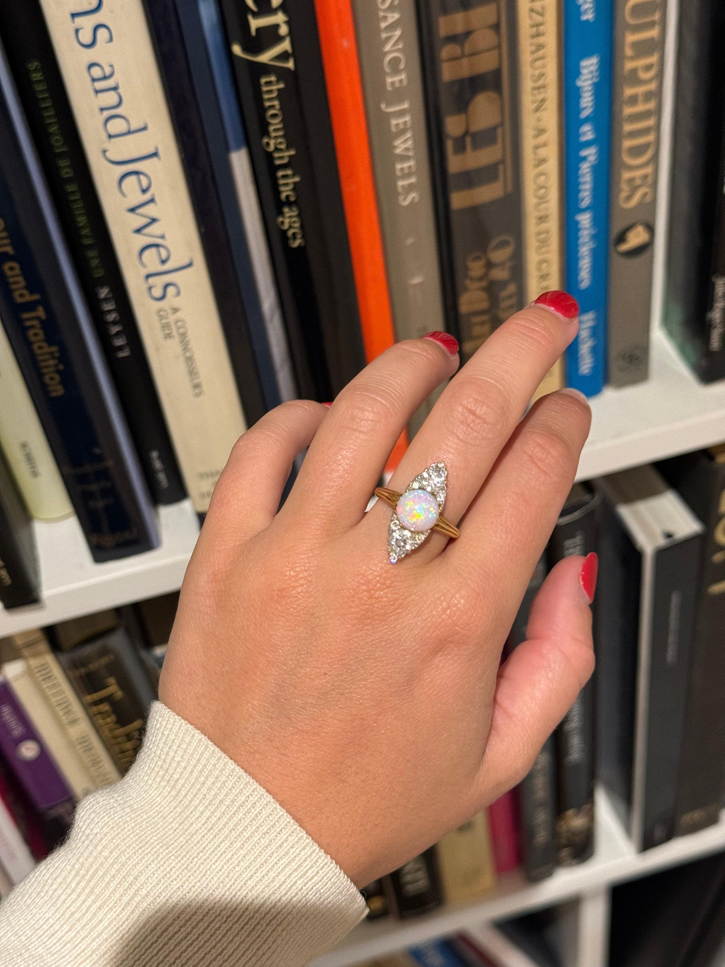 Victorian 18 Karat gold Opal and Old cut diamond Navette ring circa 1900 For Sale 2