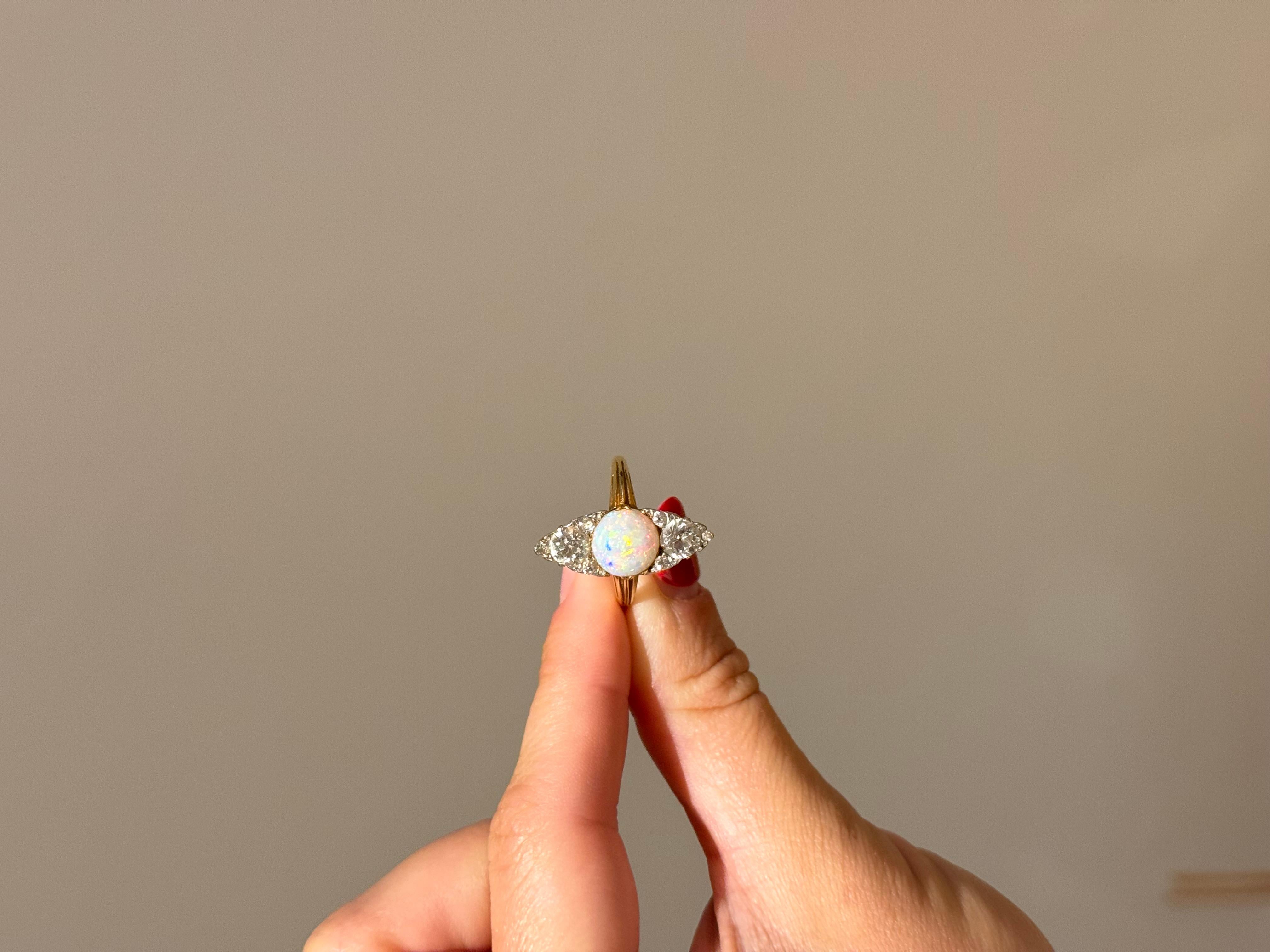 Victorian 18 Karat gold Opal and Old cut diamond Navette ring circa 1900 For Sale 3