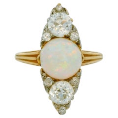 Victorian 18 Karat gold Opal and Old cut diamond Navette ring circa 1900