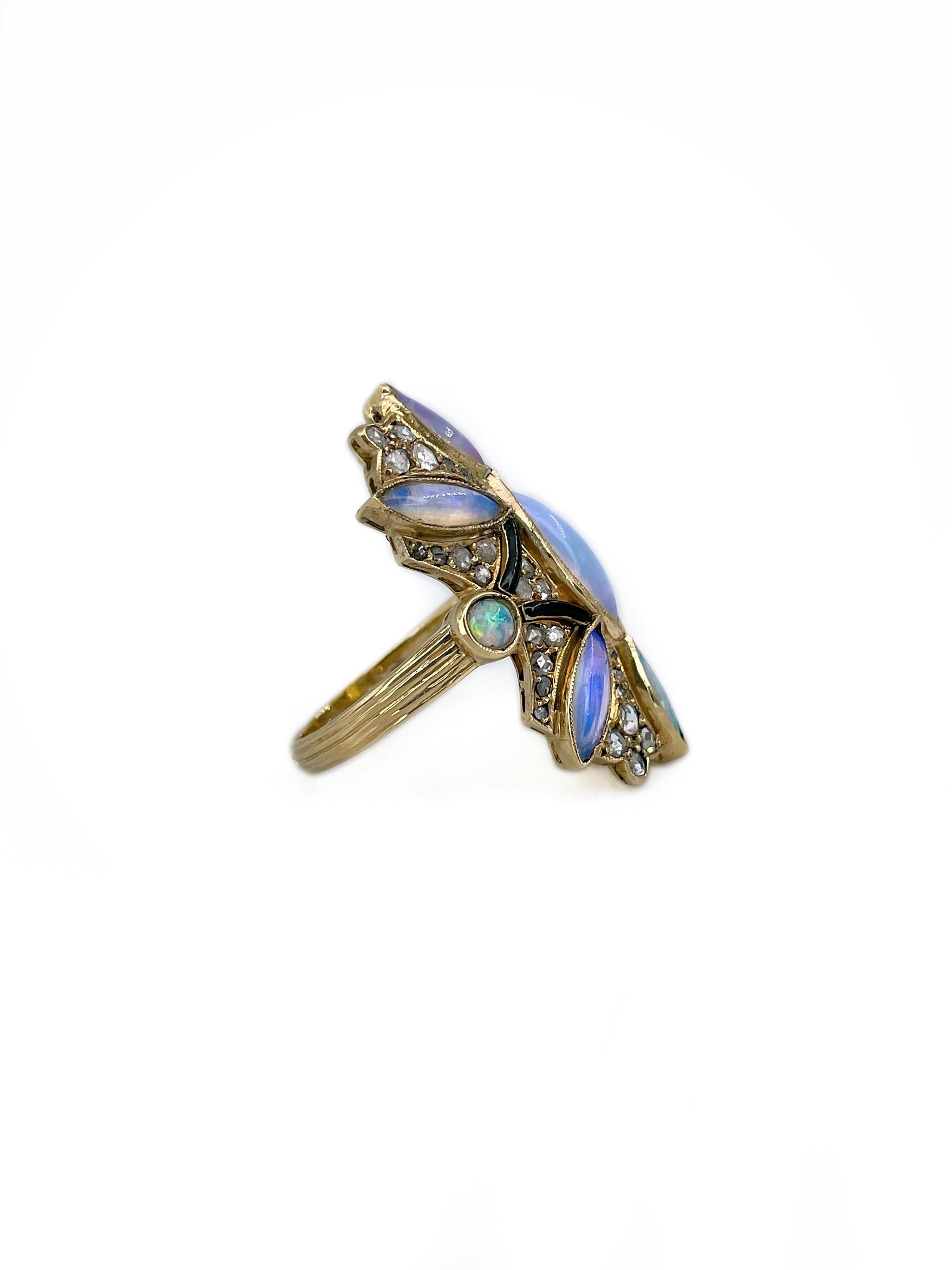 Women's Victorian 18 Karat Gold Opal Rose Cut Diamond Black Enamel Cocktail Ring For Sale