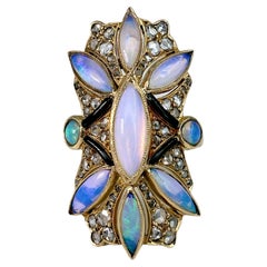Victorian 18 Karat Gold Opal Rose Cut Diamond Black Enamel Cocktail Ring