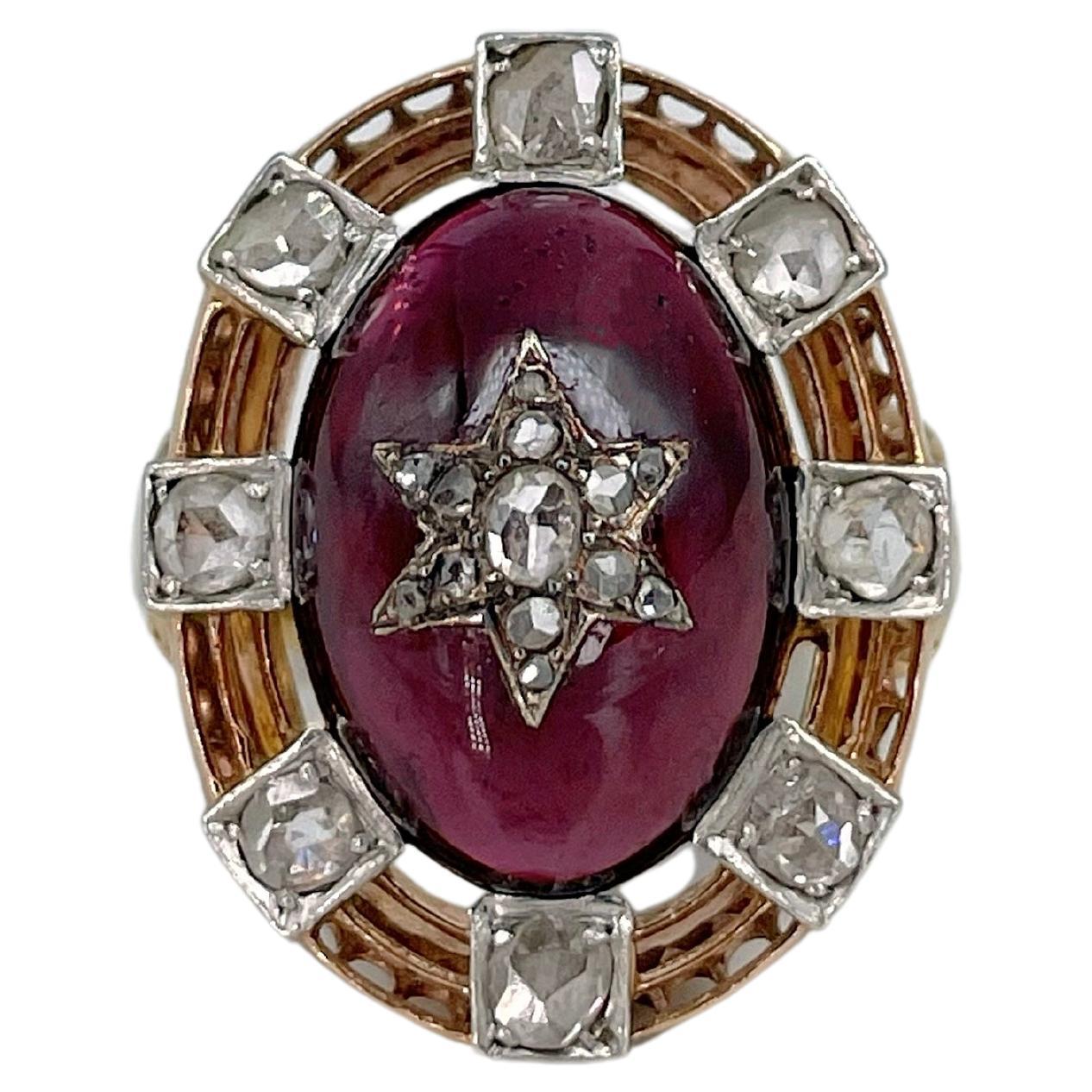 Victorian 18 Karat Gold Oval Cabochon Cut Garnet Rose Cut Diamond Star Ring