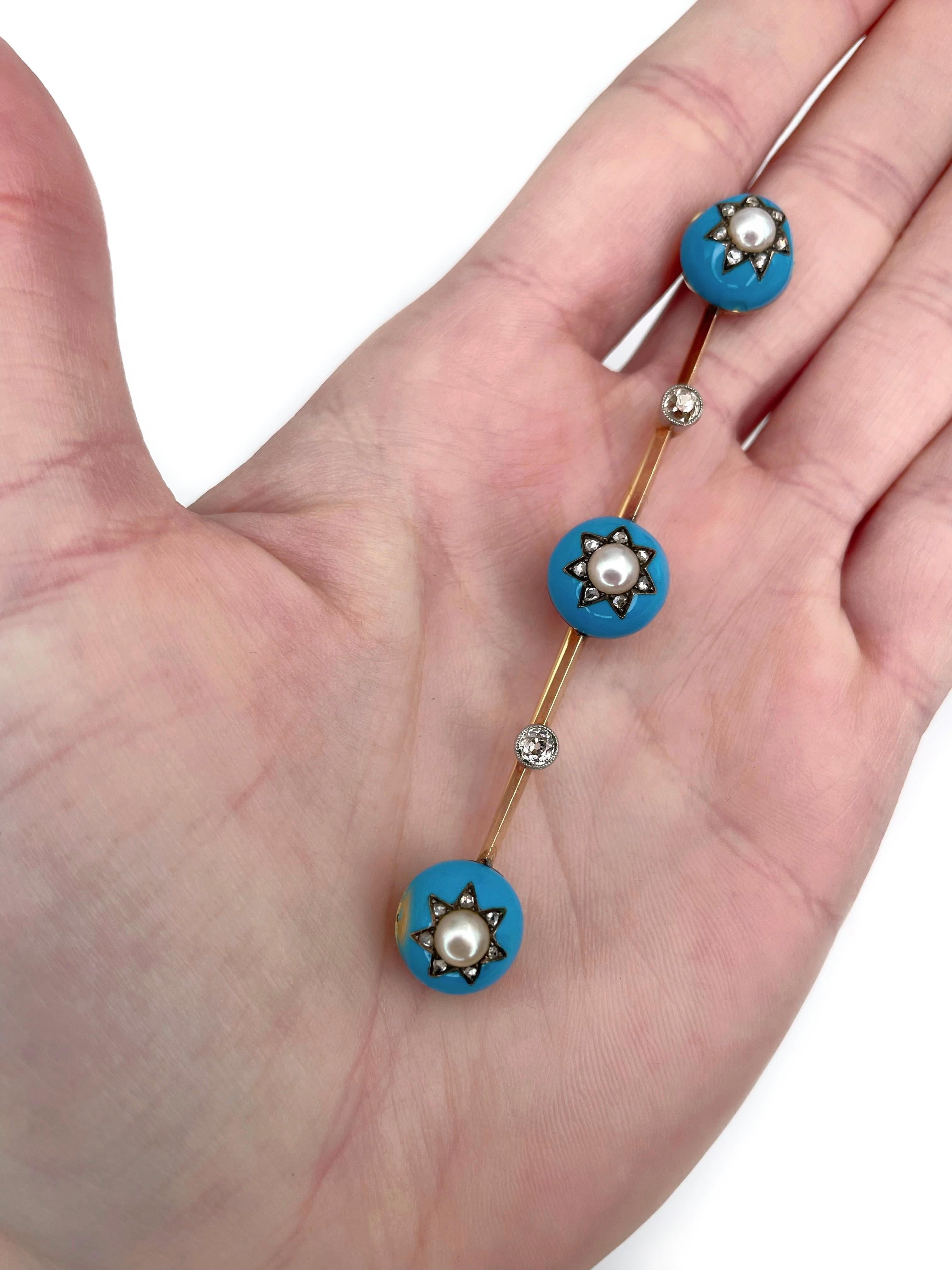 Il s'agit d'une broche victorienne en or 18 carats à motif d'étoile. Circa 1880. 

La pièce comporte :
- perles, 
- diamants (taille rose et taille européenne ancienne), 
- émail bleu clair (état visible sur les photos). 

Poids : 11,52 g
Longueur :