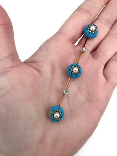Victorian 18 Karat Gold Pearl Diamond Light Blue Enamel Star Motif Bar Brooch