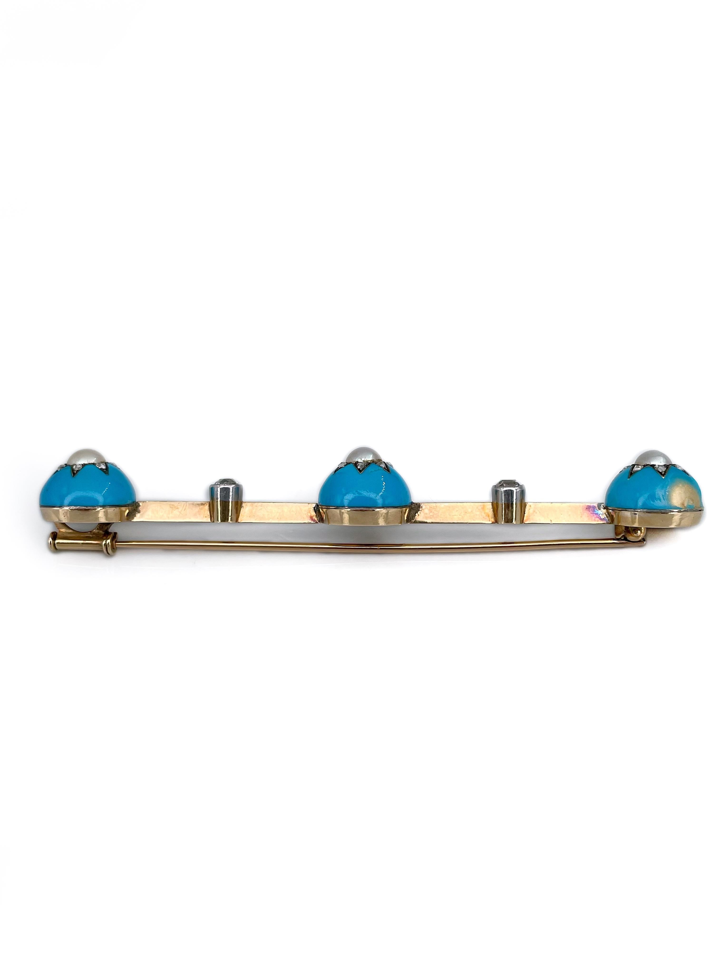 Victorien Broche victorienne en or 18 carats, perles, diamants et émail bleu clair à motif d'étoile en vente