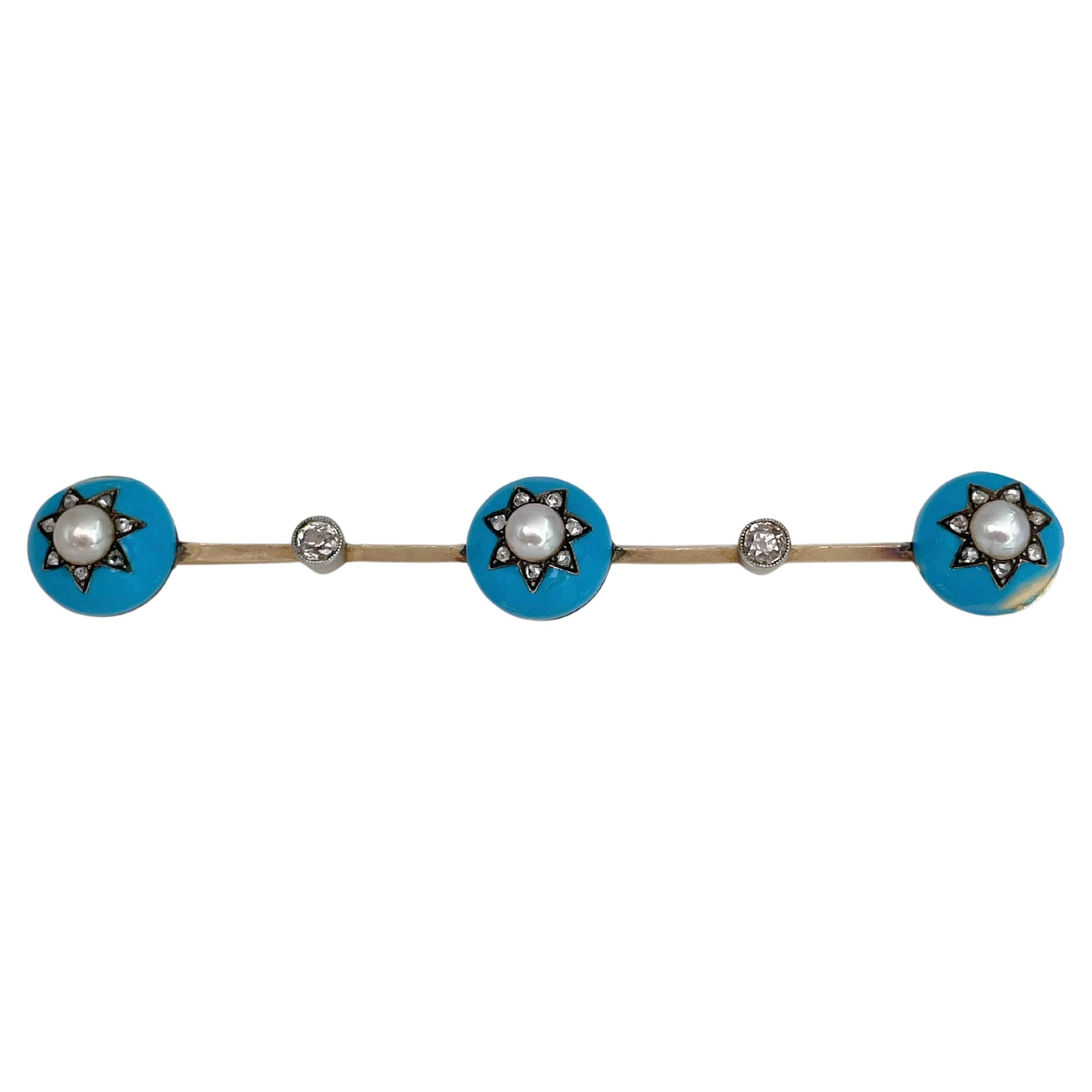 Victorian 18 Karat Gold Pearl Diamond Light Blue Enamel Star Motif Bar Brooch