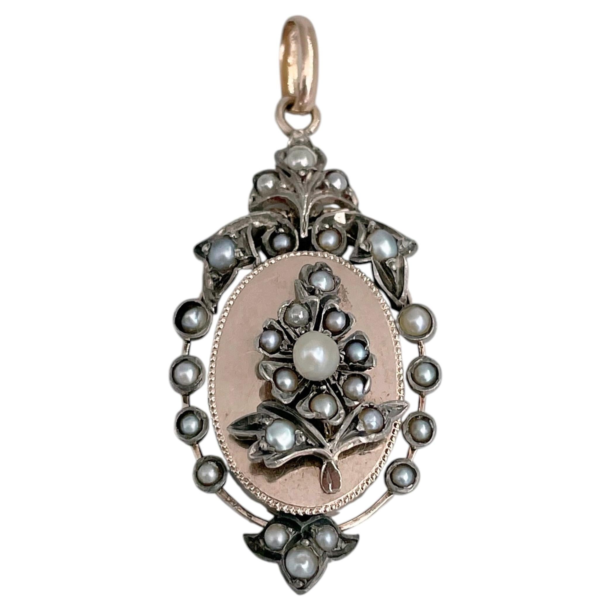 Art Nouveau Flower Pearl Pendant Necklace Gold Antique For Sale at 1stDibs