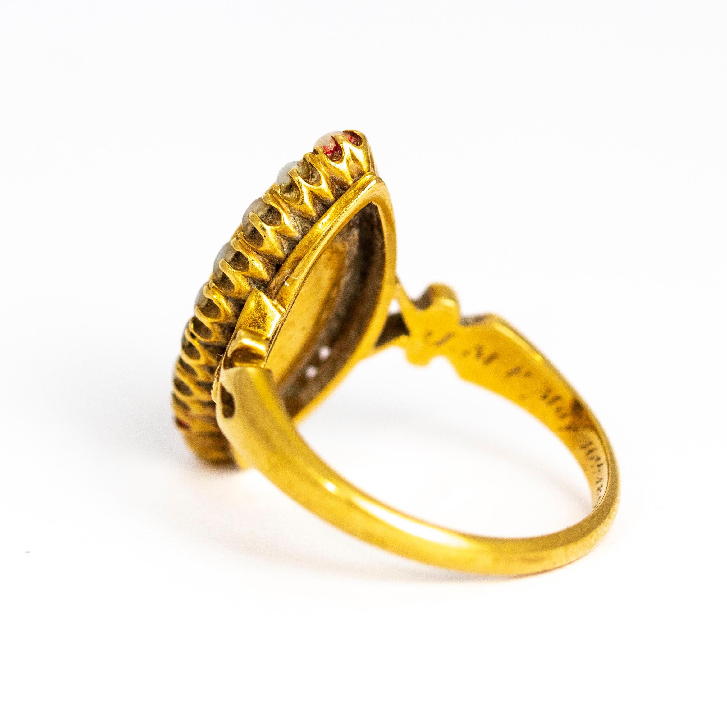 Victorian 18 Karat Gold and Pearl Locket Front Navette Mourning Ring In Good Condition In Chipping Campden, GB