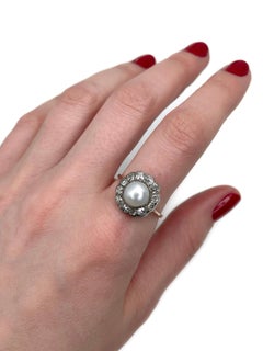 Victorian 14 Karat Gold Pearl TW 1.44 Carat Old Mine Cut Diamond Cluster Ring
