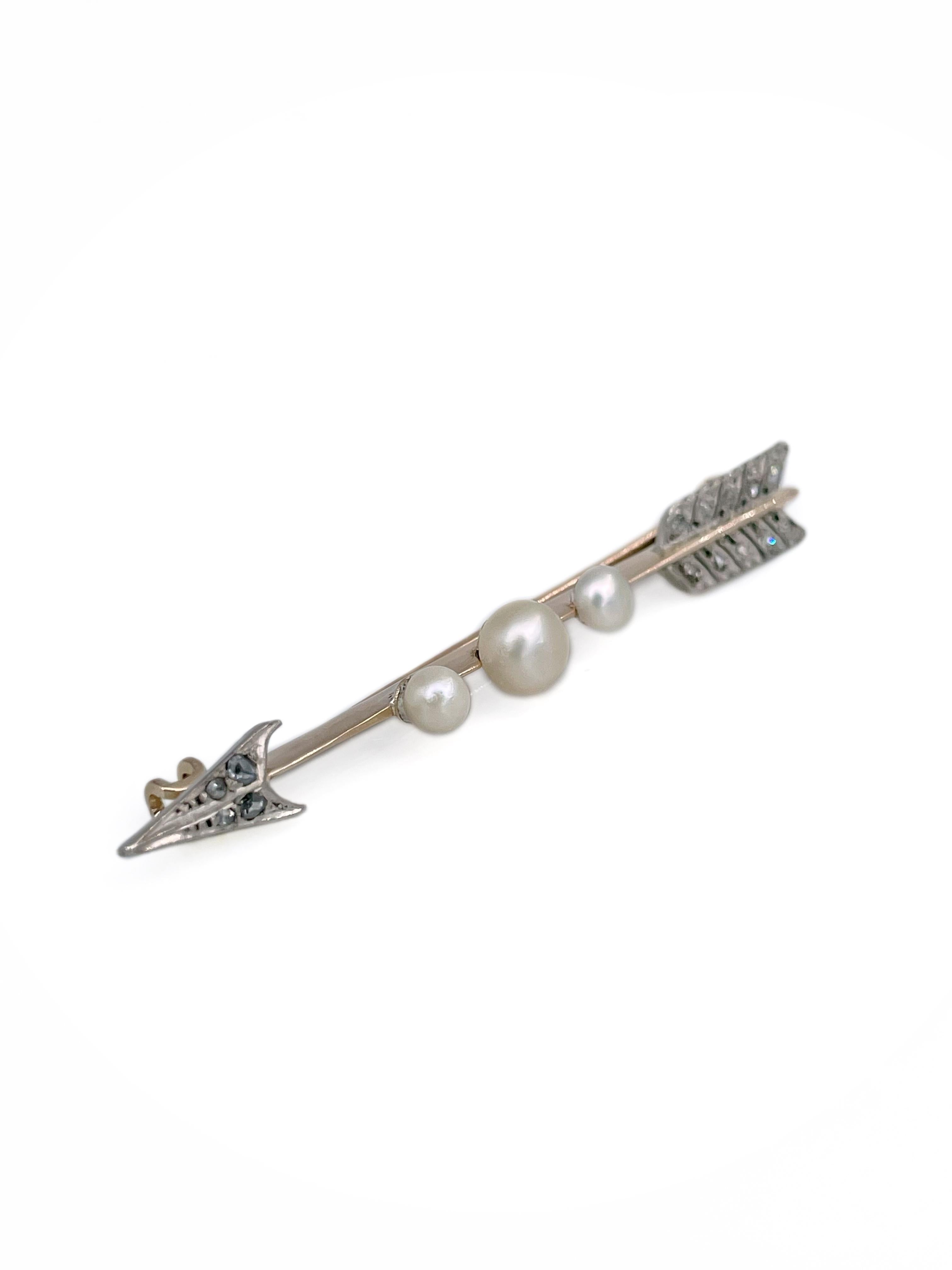 Viktorianische 18 Karat Gold Perle Rosenschliff Diamant Arrow Bar Brosche (Gemischter Schliff) im Angebot