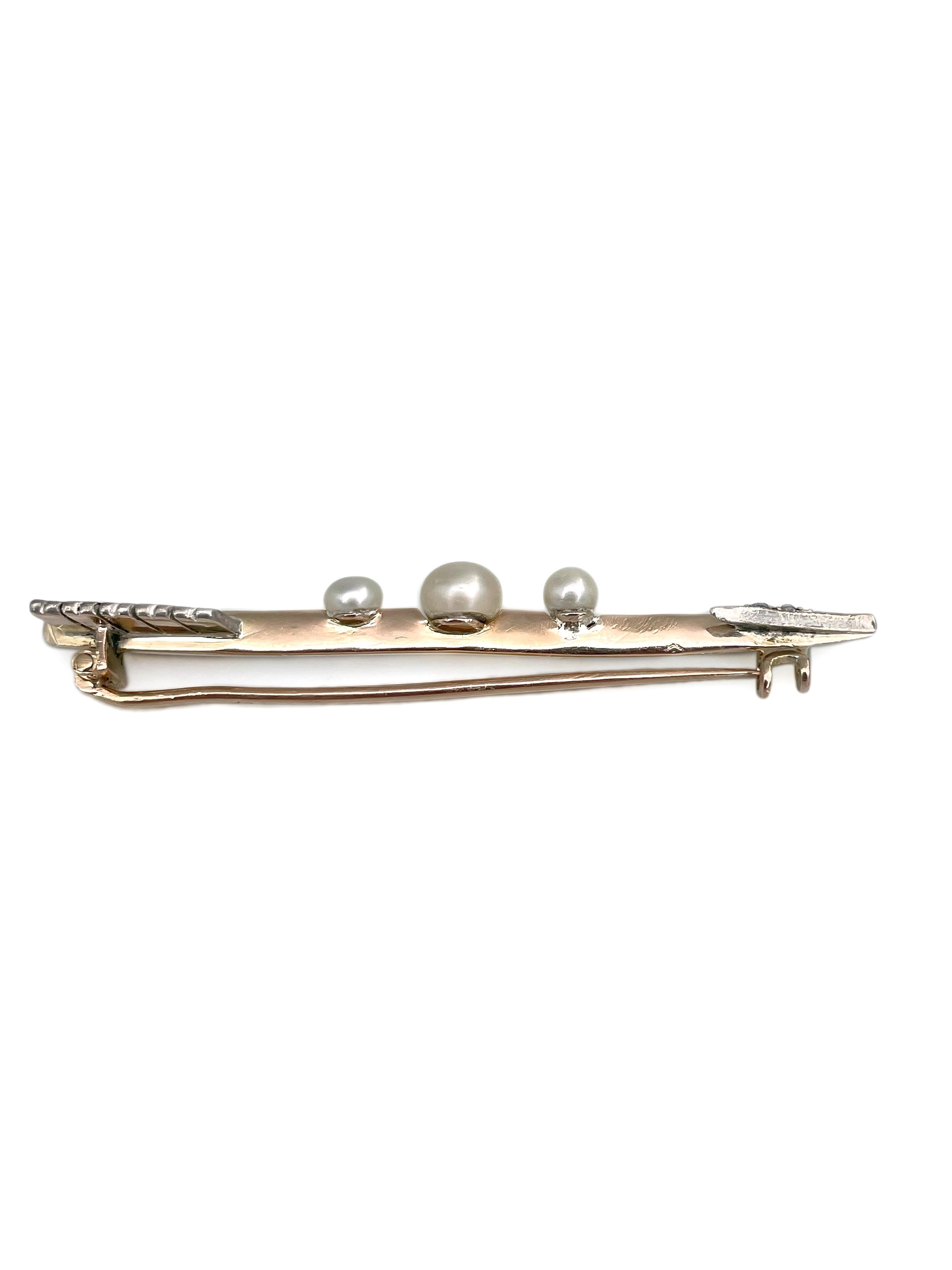 Viktorianische 18 Karat Gold Perle Rosenschliff Diamant Arrow Bar Brosche im Zustand „Gut“ im Angebot in Vilnius, Vilniaus apskr.