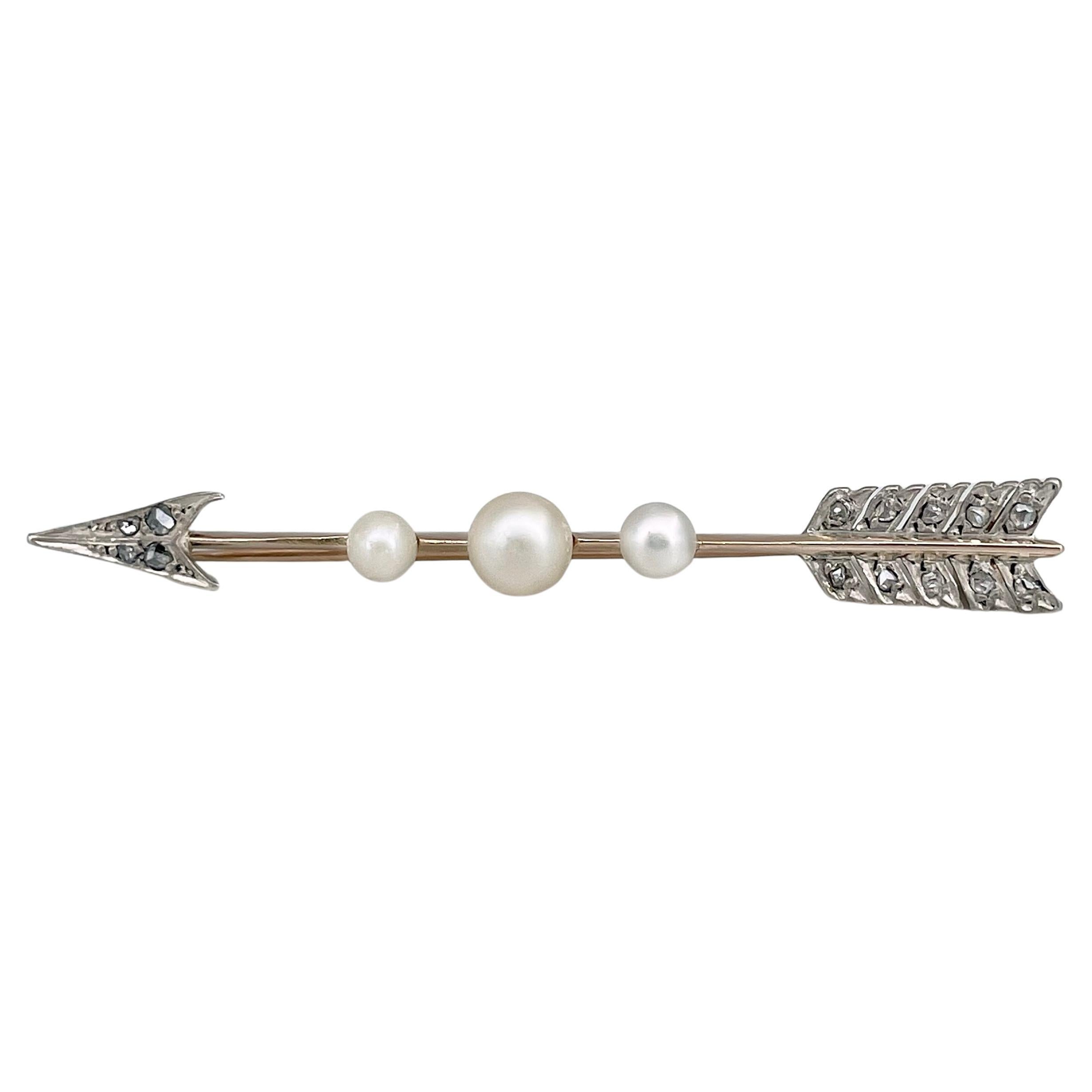 Viktorianische 18 Karat Gold Perle Rosenschliff Diamant Arrow Bar Brosche