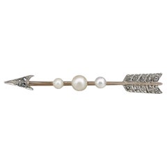 Victorian 18 Karat Gold Pearl Rose Cut Diamond Arrow Bar Brooch