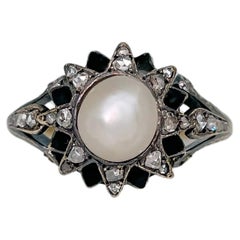 Victorian 18 Karat Gold Pearl Rose Cut Diamond Black Enamel Cluster Ring