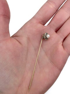 Victorian 18 Karat Gold Pearl Rose Cut Diamond Cluster Stick Pin Brooch
