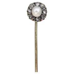 Victorian 18 Karat Gold Pearl Rose Cut Diamond Cluster Stick Pin Brooch