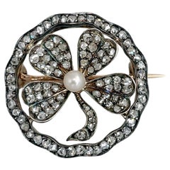 Viktorianische 18 Karat Gold Perle Rosenschliff Diamant vierblättrige Kleeblatt Pin Brosche