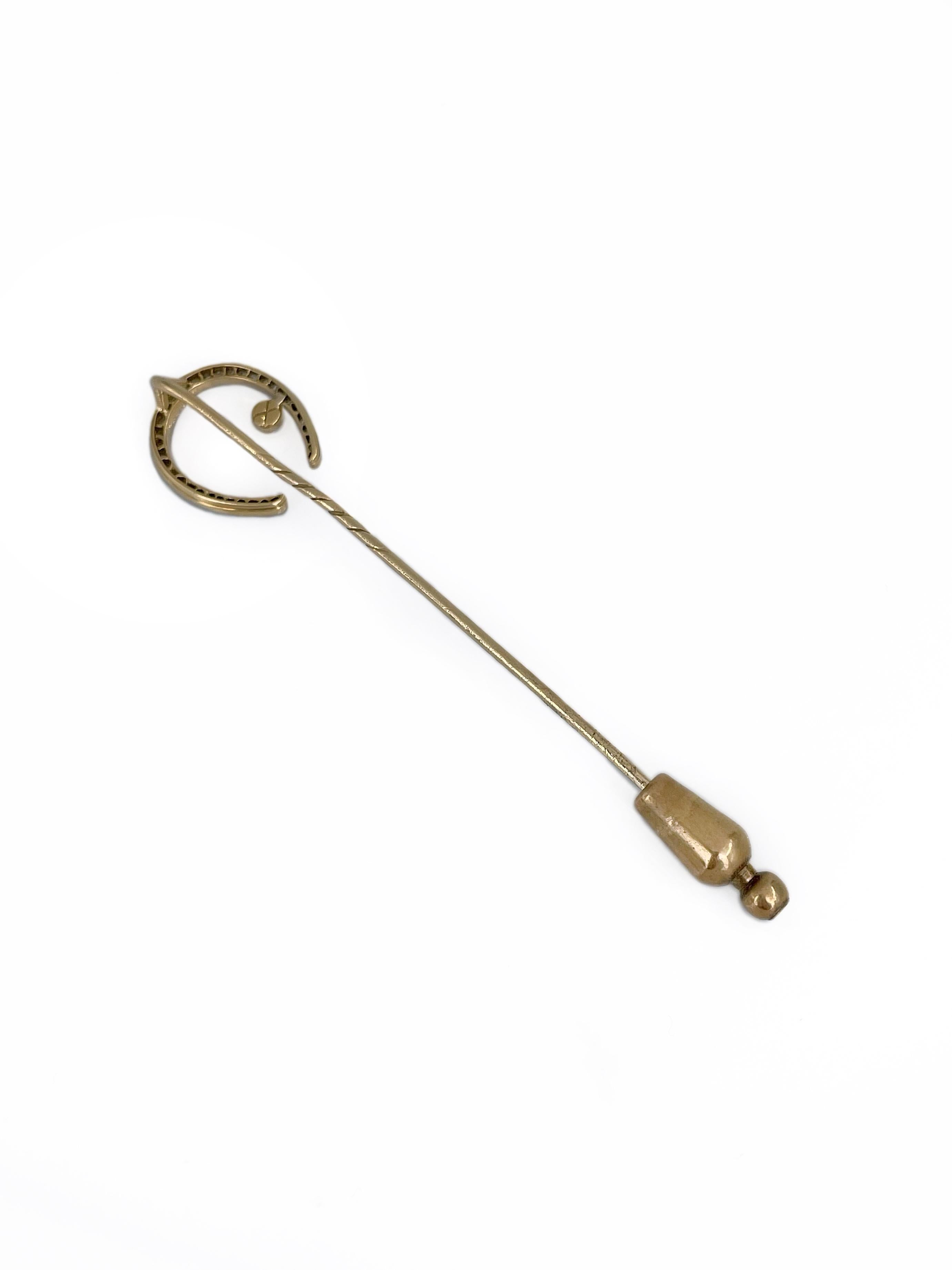 Mixed Cut Victorian 18 Karat Gold Pearl Rose Cut Diamond Horse Shoe Stick Pin Brooch For Sale