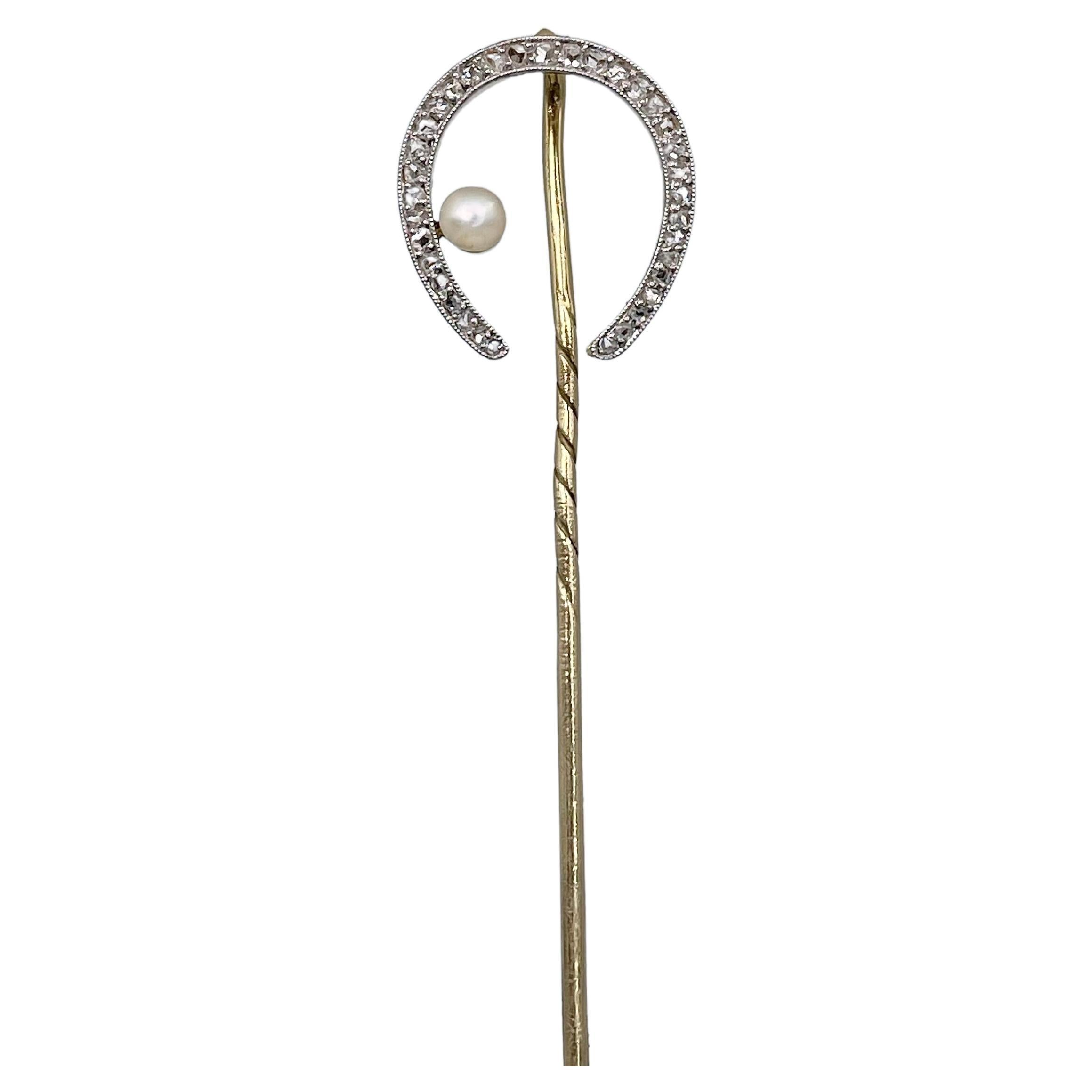Viktorianische Anstecknadelbrosche, viktorianisch, 18 Karat Gold Perle Rosenschliff Diamant Pferd Schuh Stick