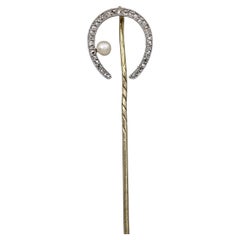 Spilla vittoriana in oro 18 carati con perle e diamanti a forma di scarpa da cavallo